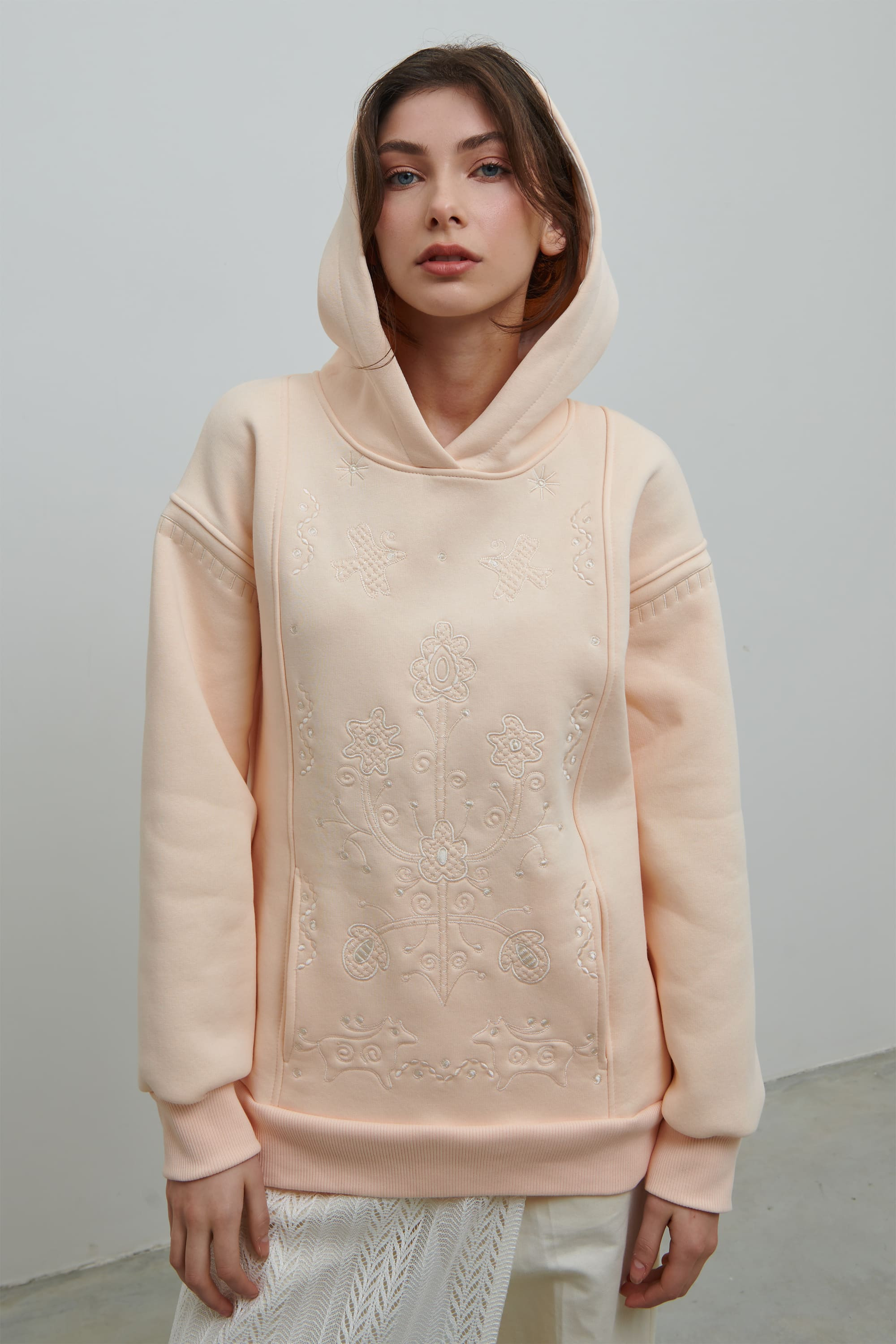 Women's Christmas beige hoodie Miss Svyatkova | XS | 40-42