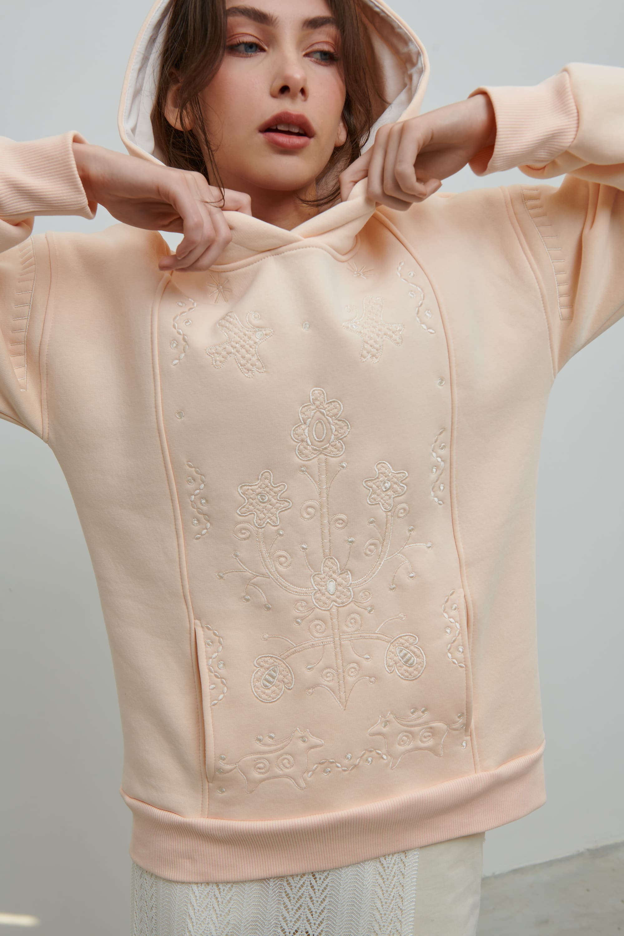 Women's Christmas beige hoodie Miss Svyatkova | XS | 40-42