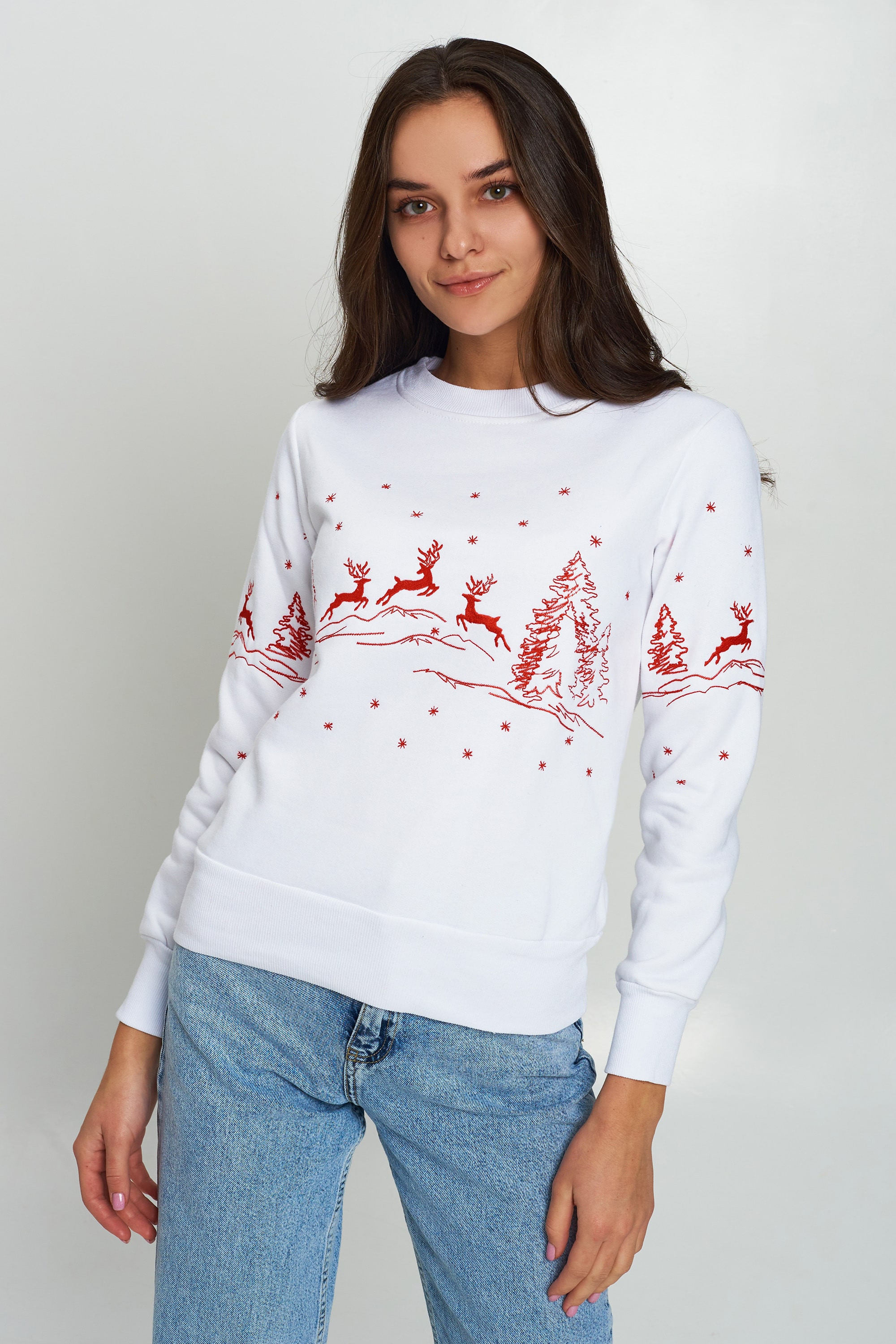 Christmas female sweatshirt with deer White