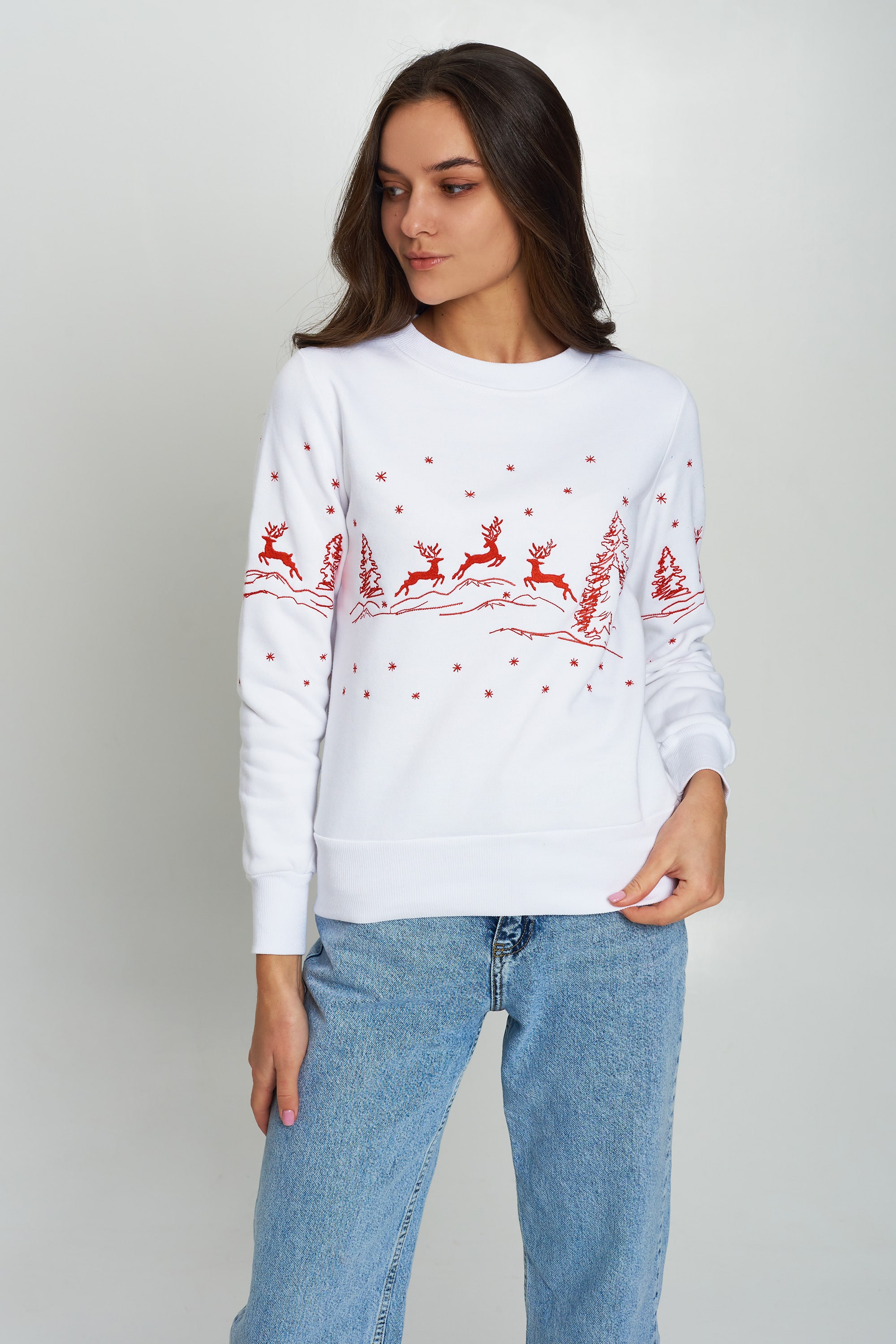 Christmas female sweatshirt with deer White