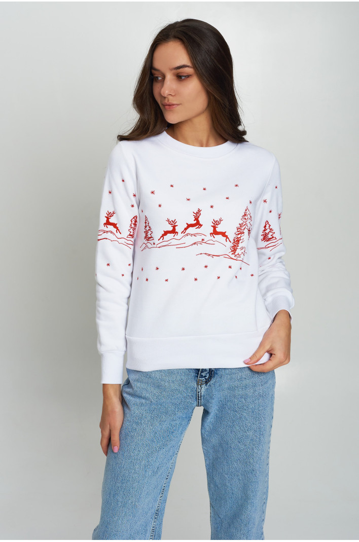 Christmas female sweatshirt with deer White | XS | 40-42 Christmas female sweatshirt with deer White | XS | 40-42