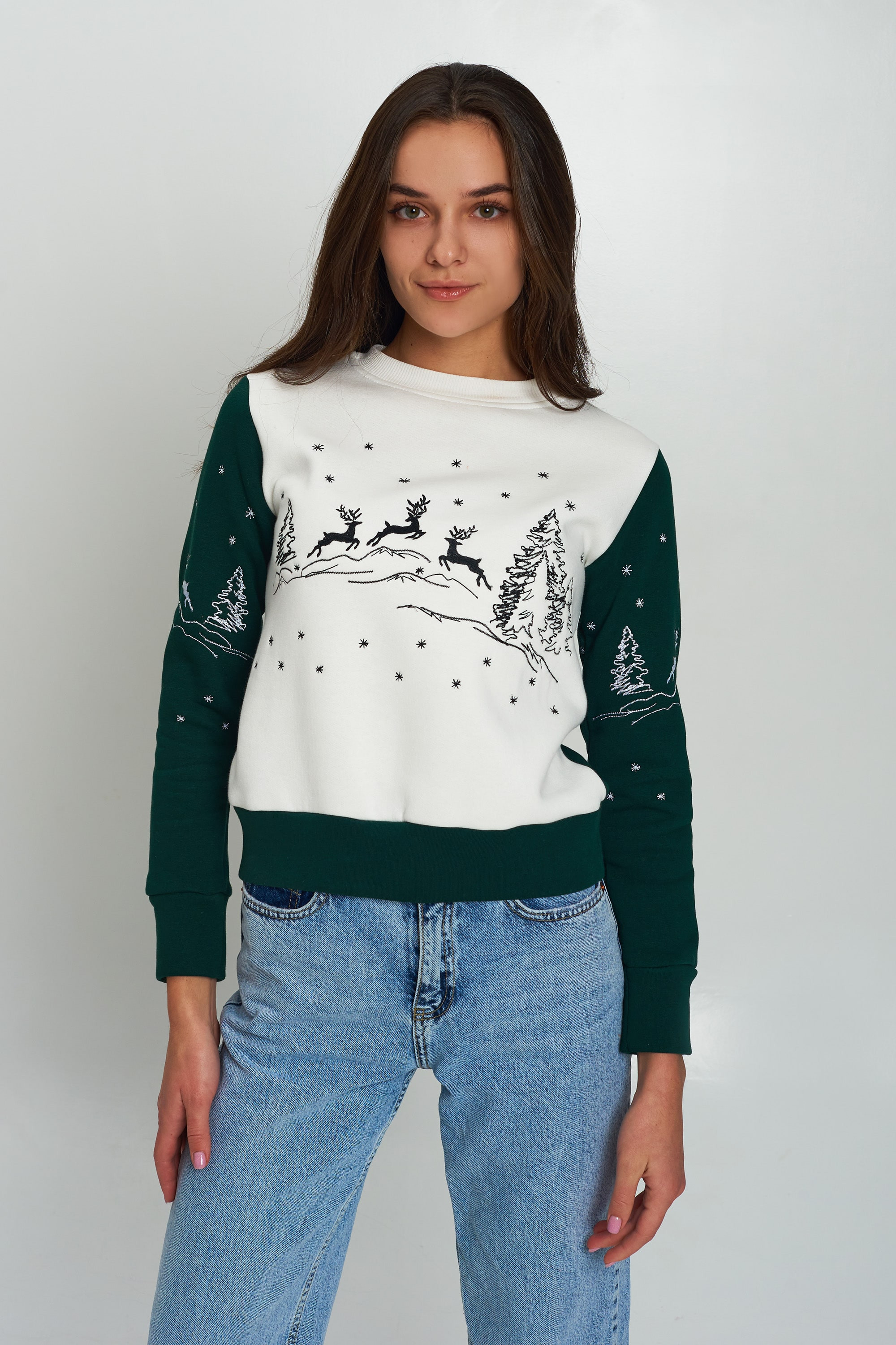 Christmas female sweatshirt with deer Green