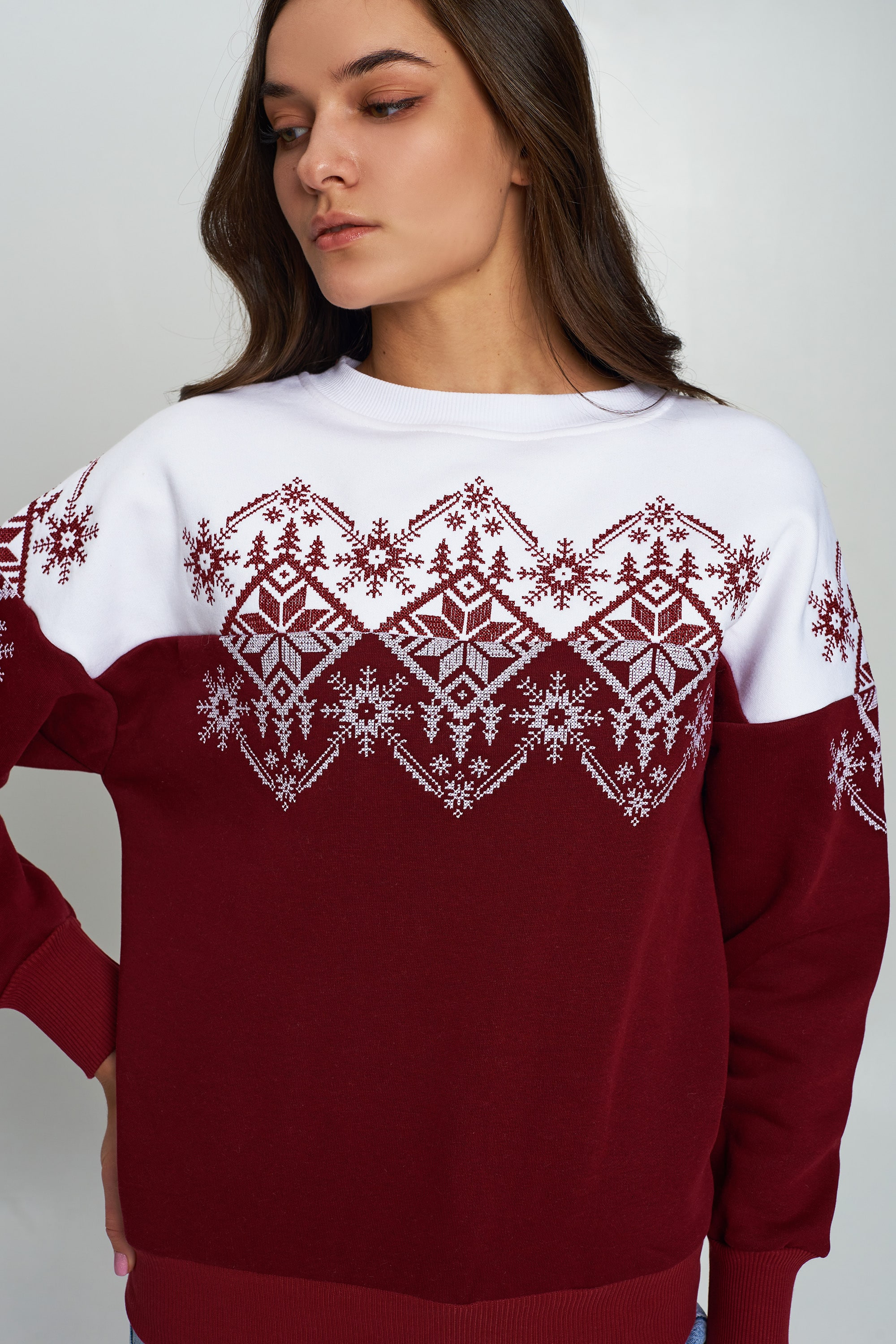 Christmas female sweatshirt Burgundy Snowflake | XS | 40-42 Christmas female sweatshirt Burgundy Snowflake | XS | 40-42