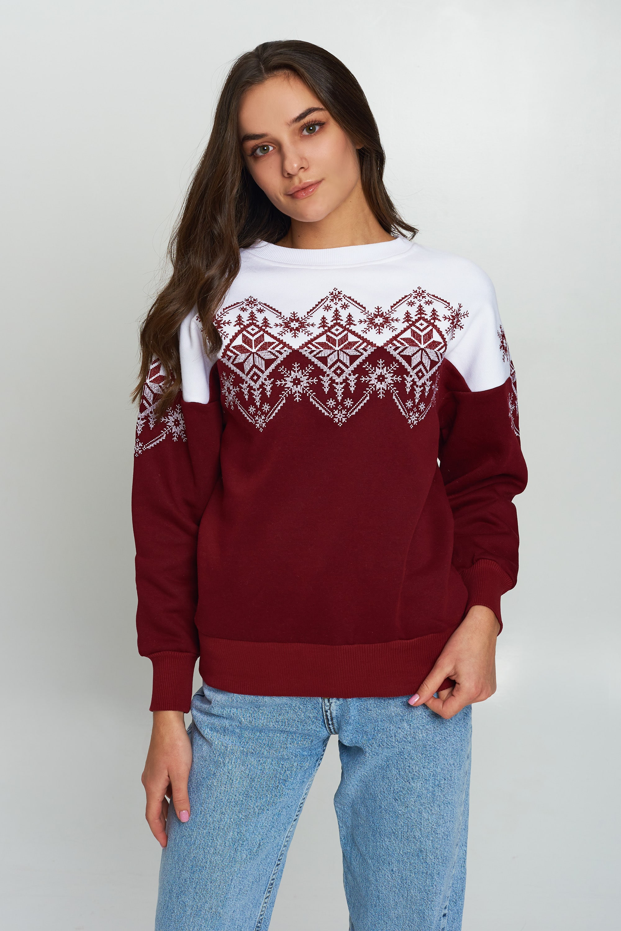 Christmas female sweatshirt Burgundy Snowflake