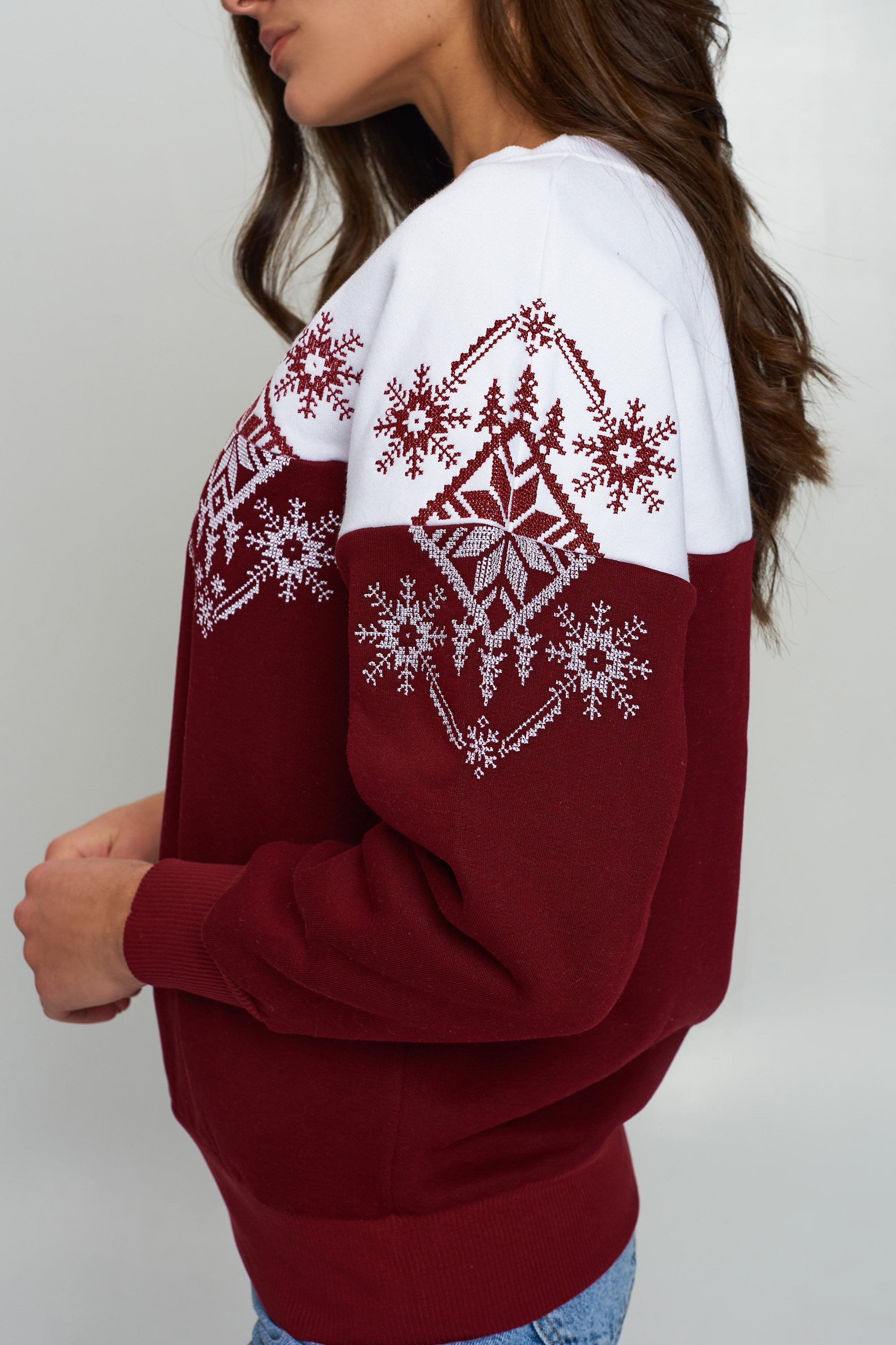 Christmas female sweatshirt Burgundy Snowflake
