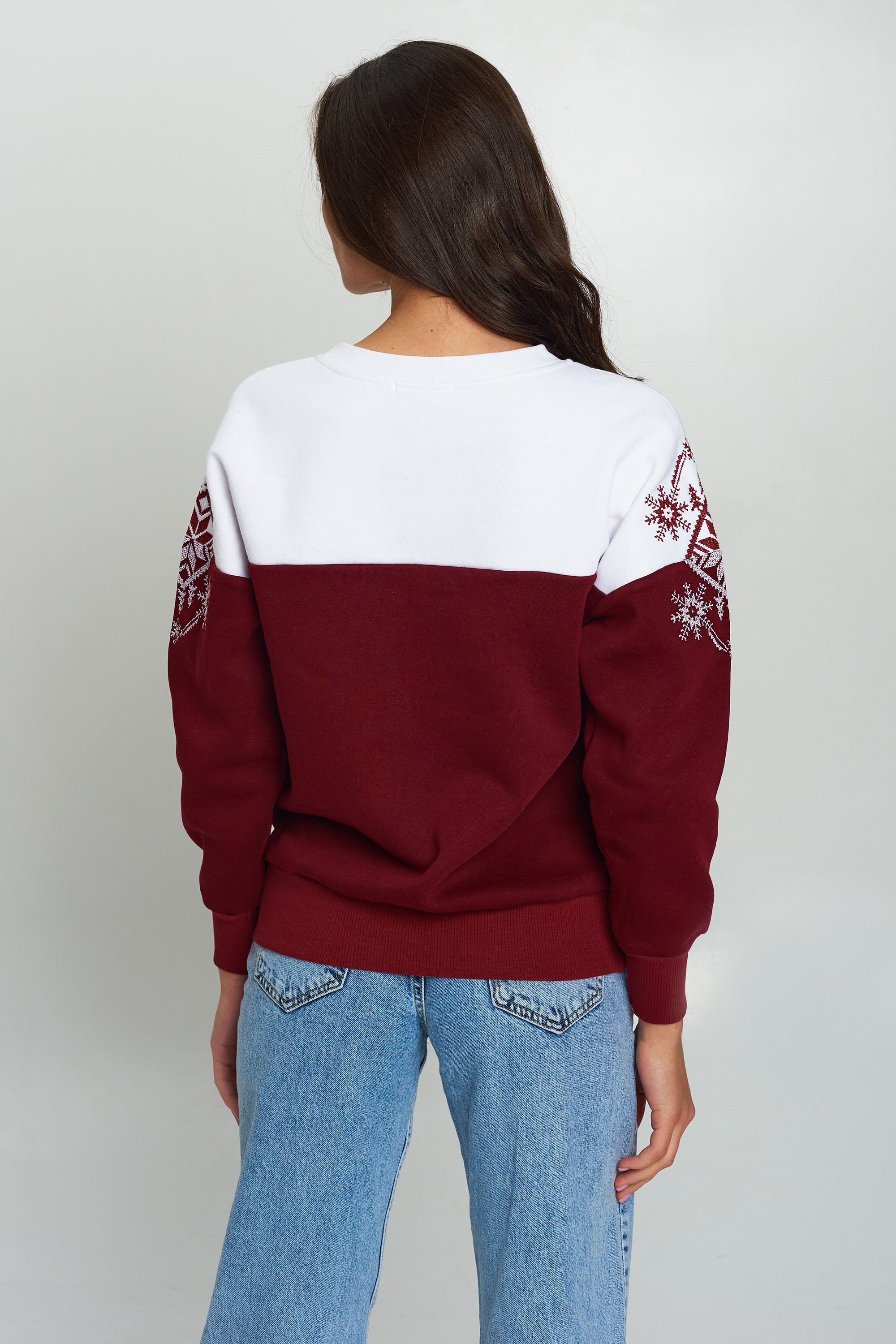 Christmas female sweatshirt Burgundy Snowflake
