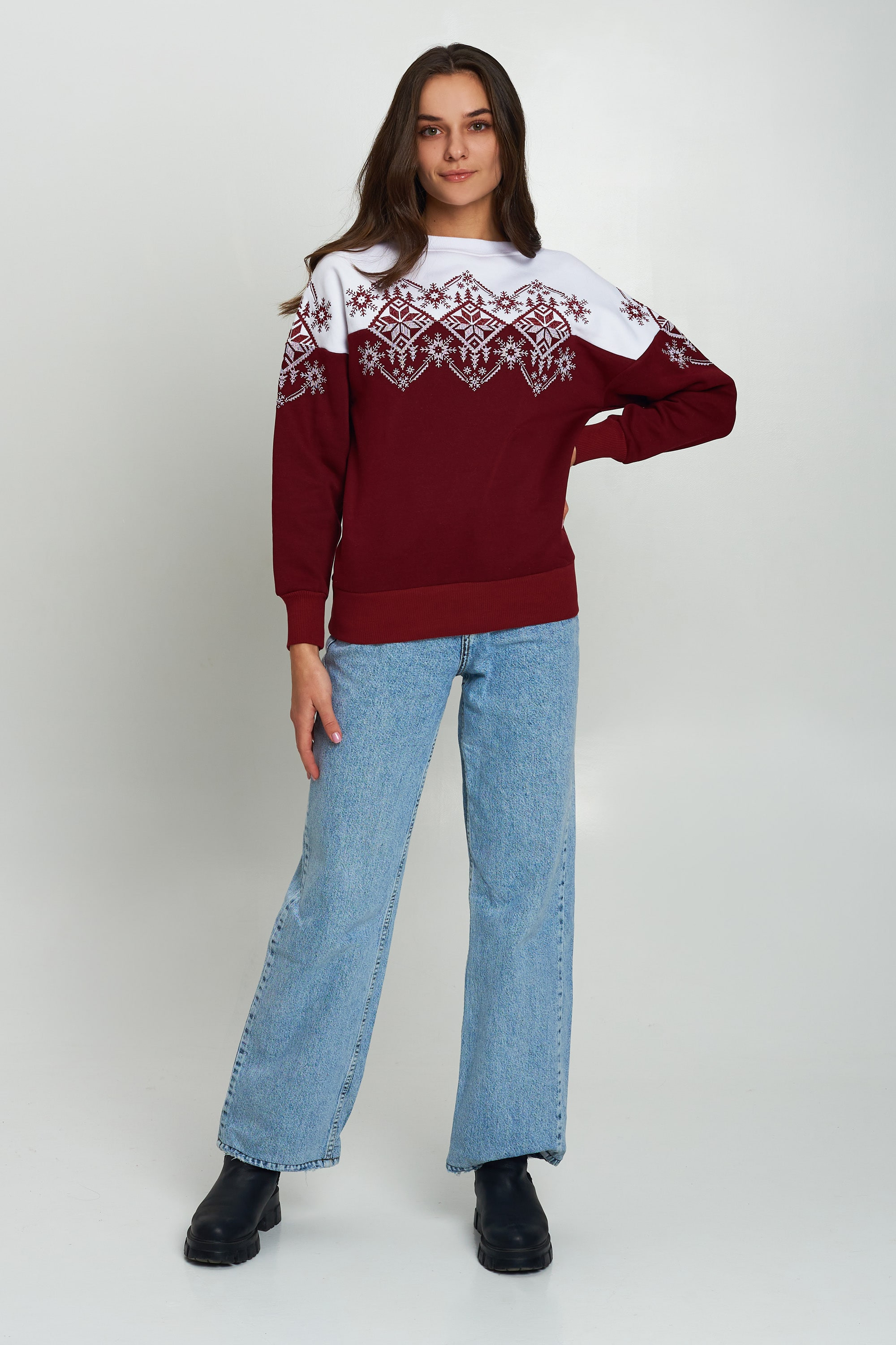 Christmas female sweatshirt Burgundy Snowflake | XS | 40-42 Christmas female sweatshirt Burgundy Snowflake | XS | 40-42