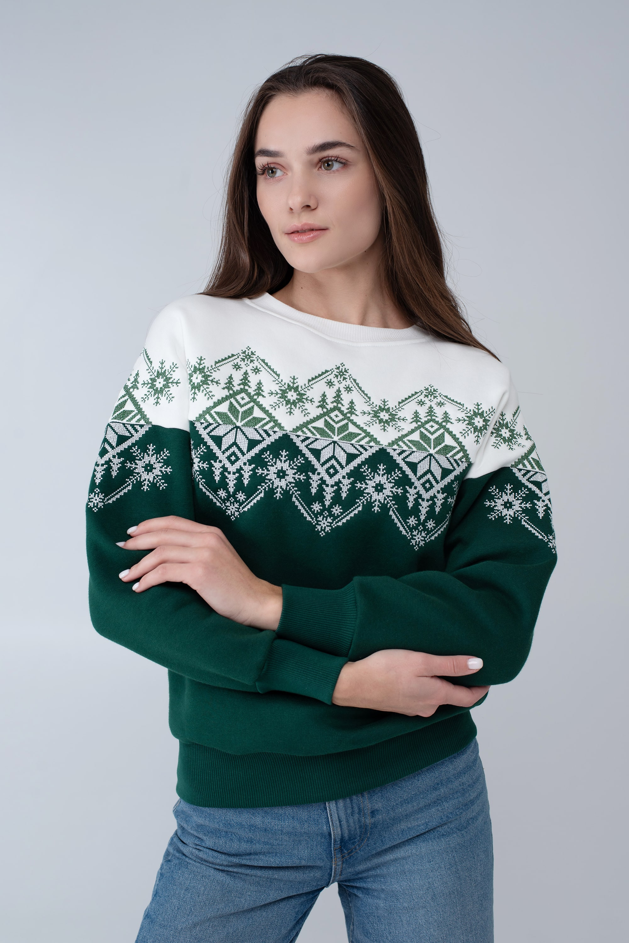 Women's green New Year's sweatshirt Snowflake