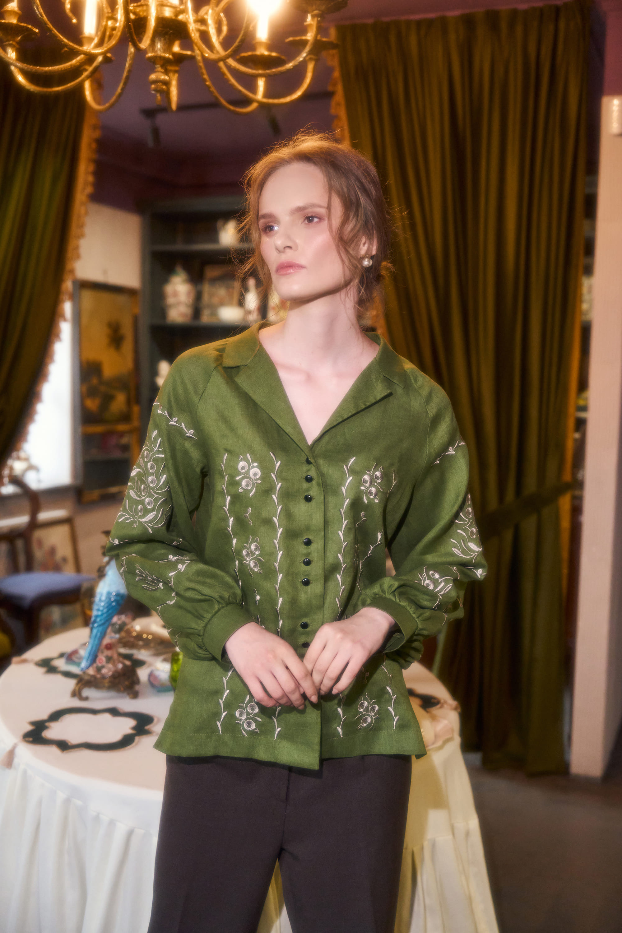 Embroidered green blouse "Viburnum branches" | XS | 40-42