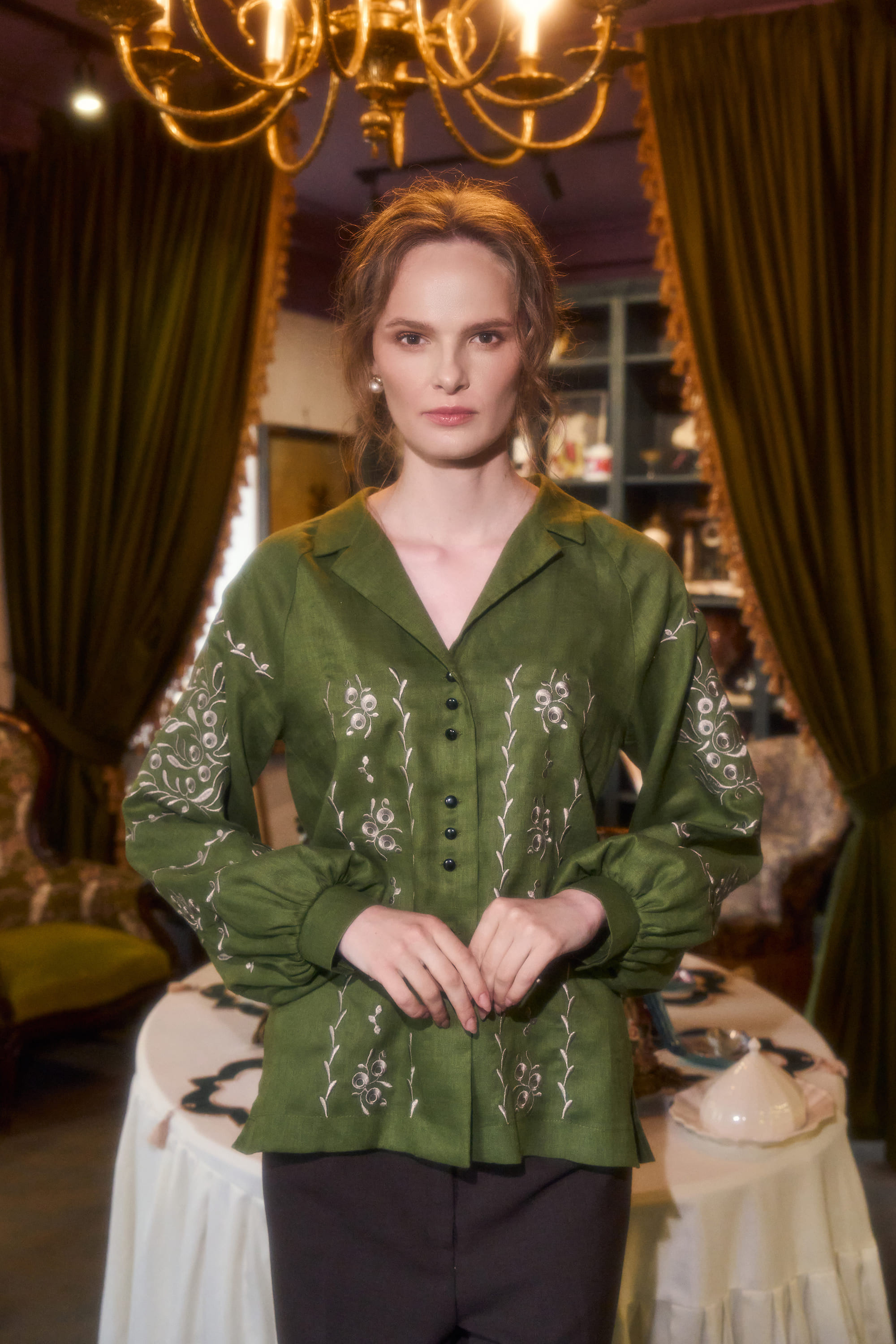 Embroidered green blouse "Viburnum branches" | XS | 40-42