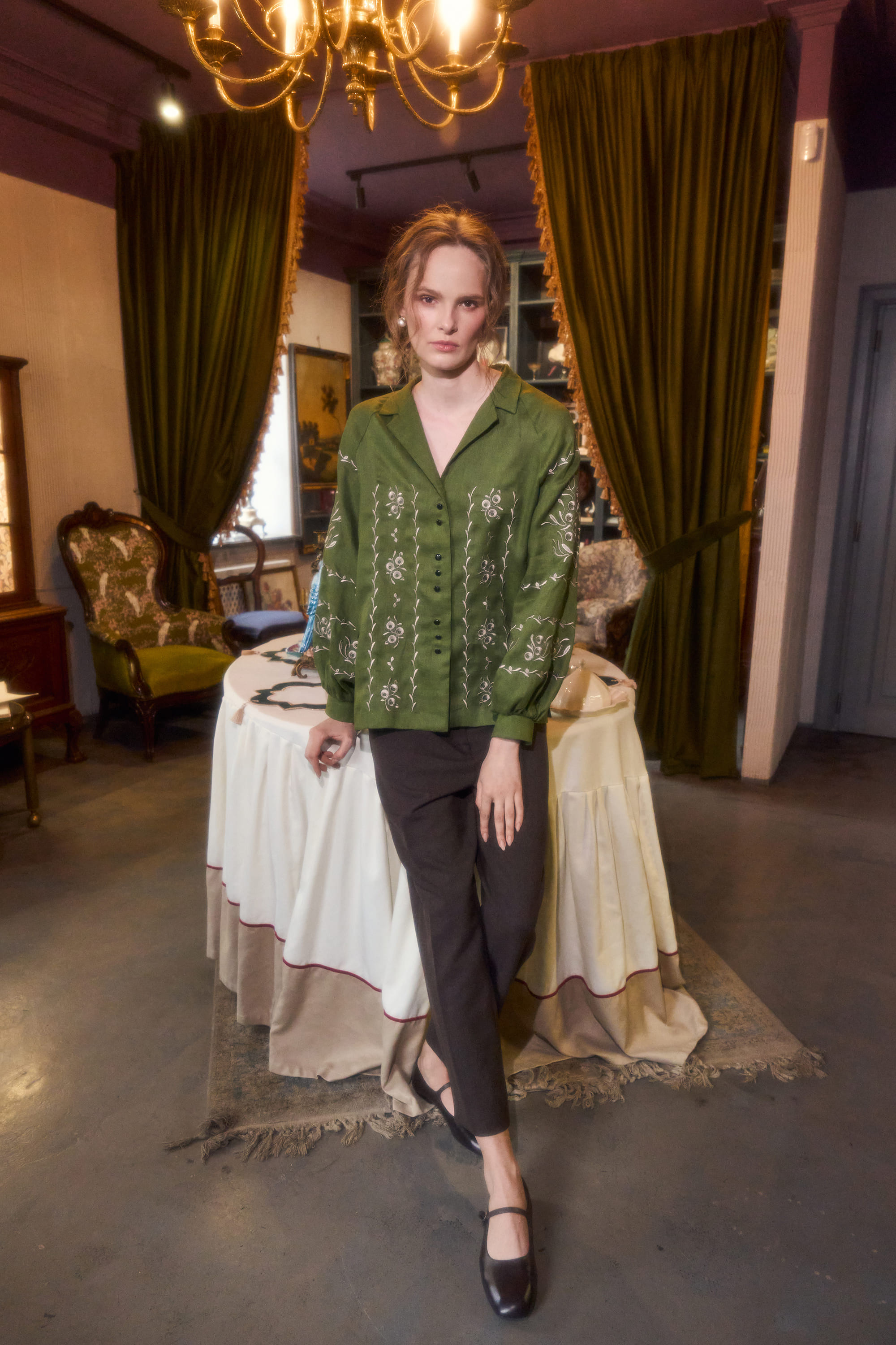 Embroidered green blouse "Viburnum branches" | XS | 40-42