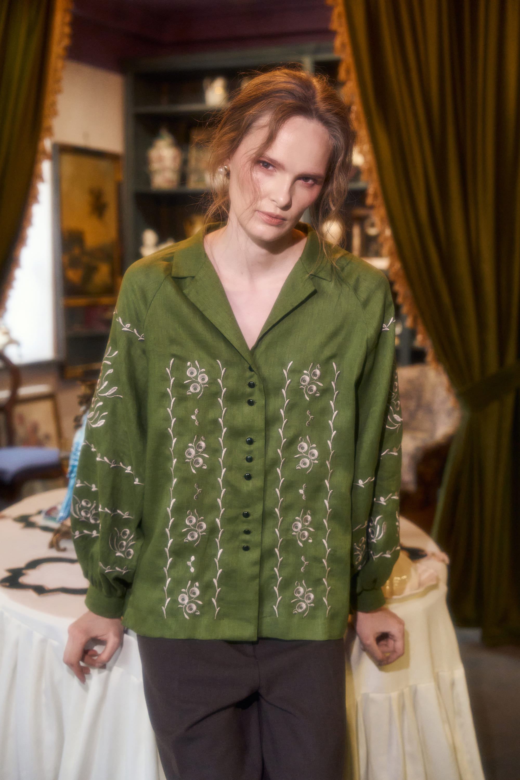 Embroidered green blouse "Viburnum branches" | XS | 40-42