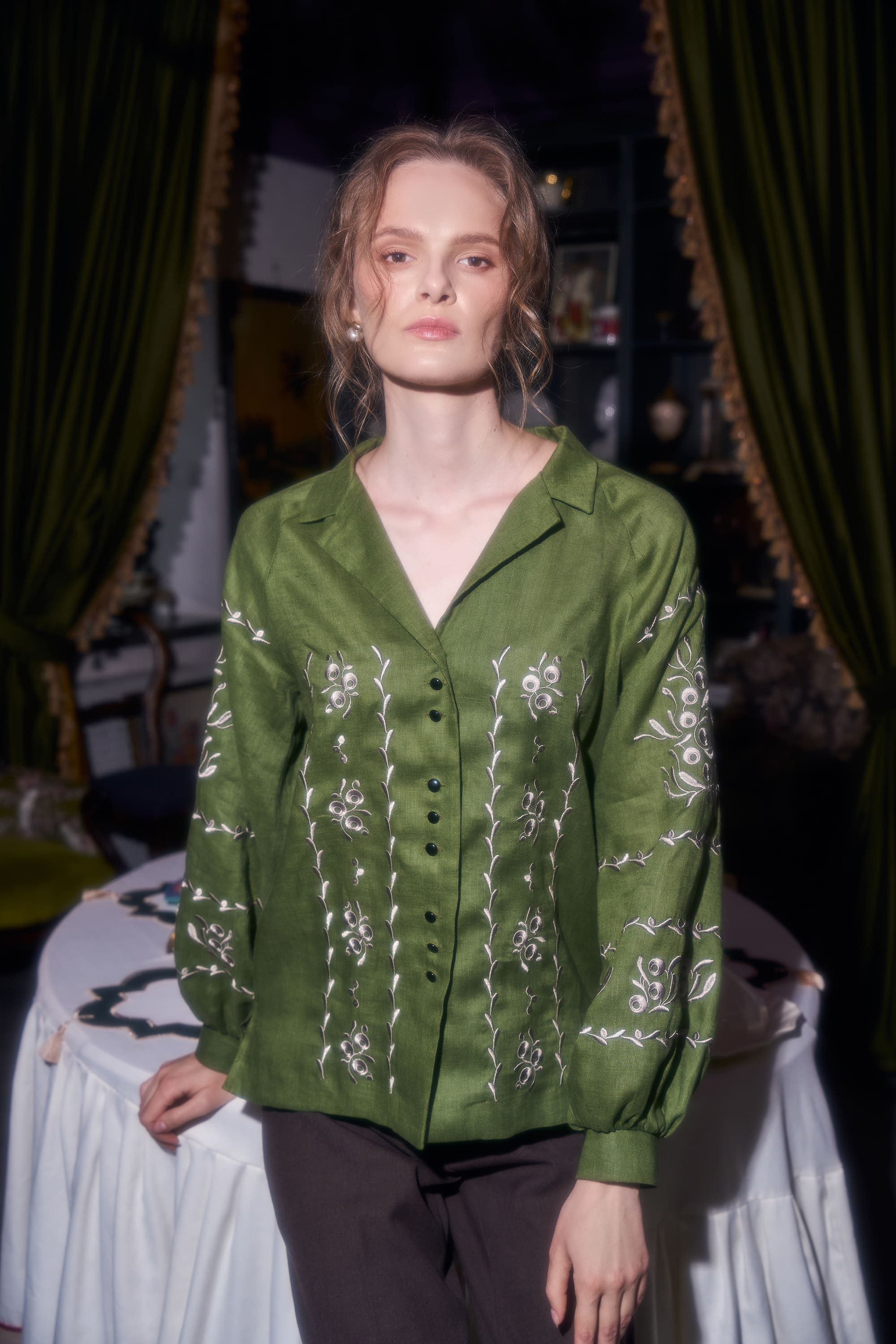 Embroidered green blouse "Viburnum branches" | XS | 40-42