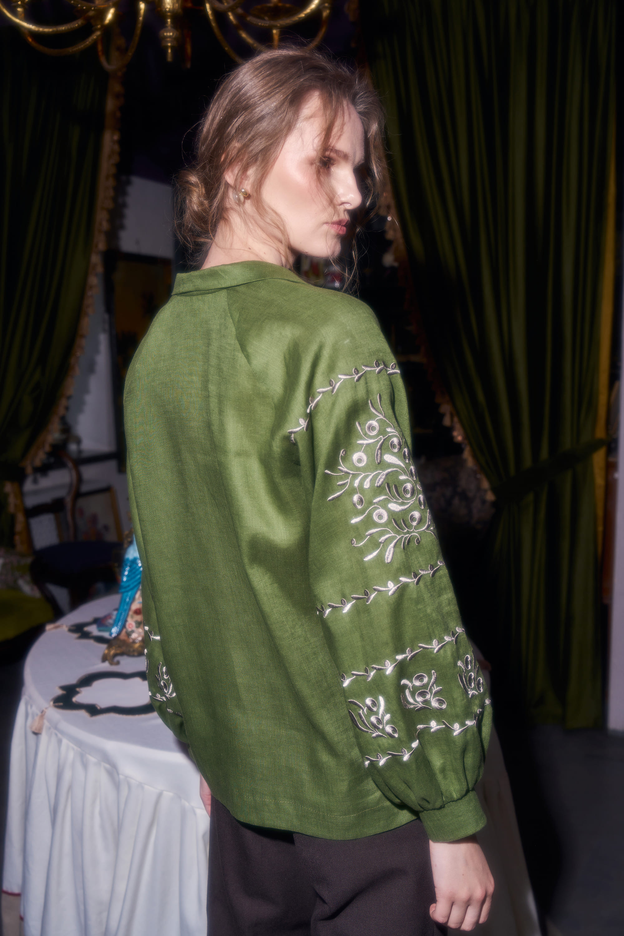Embroidered green blouse "Viburnum branches" | XS | 40-42