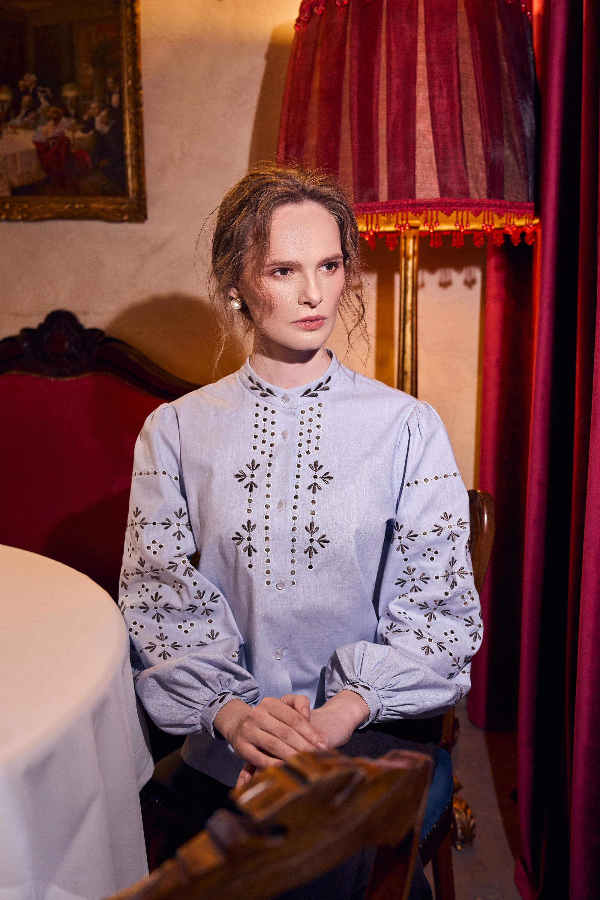 Embroidered women's blue blouse "Petra" | XS | 40-42