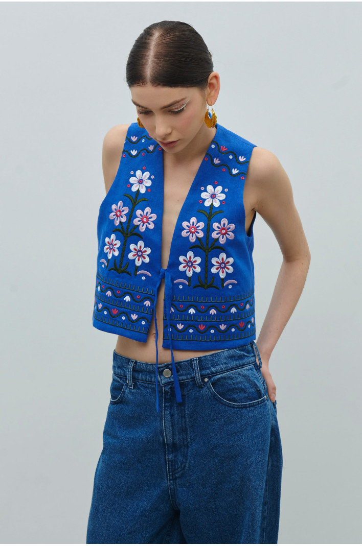 Linen waistcoat with floral ornament April | S | 42-44