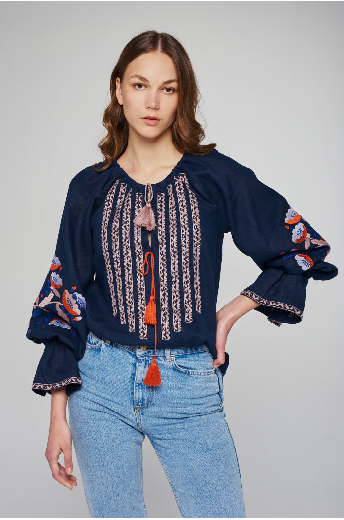 Жіноча лляна вишита блуза Dark blue