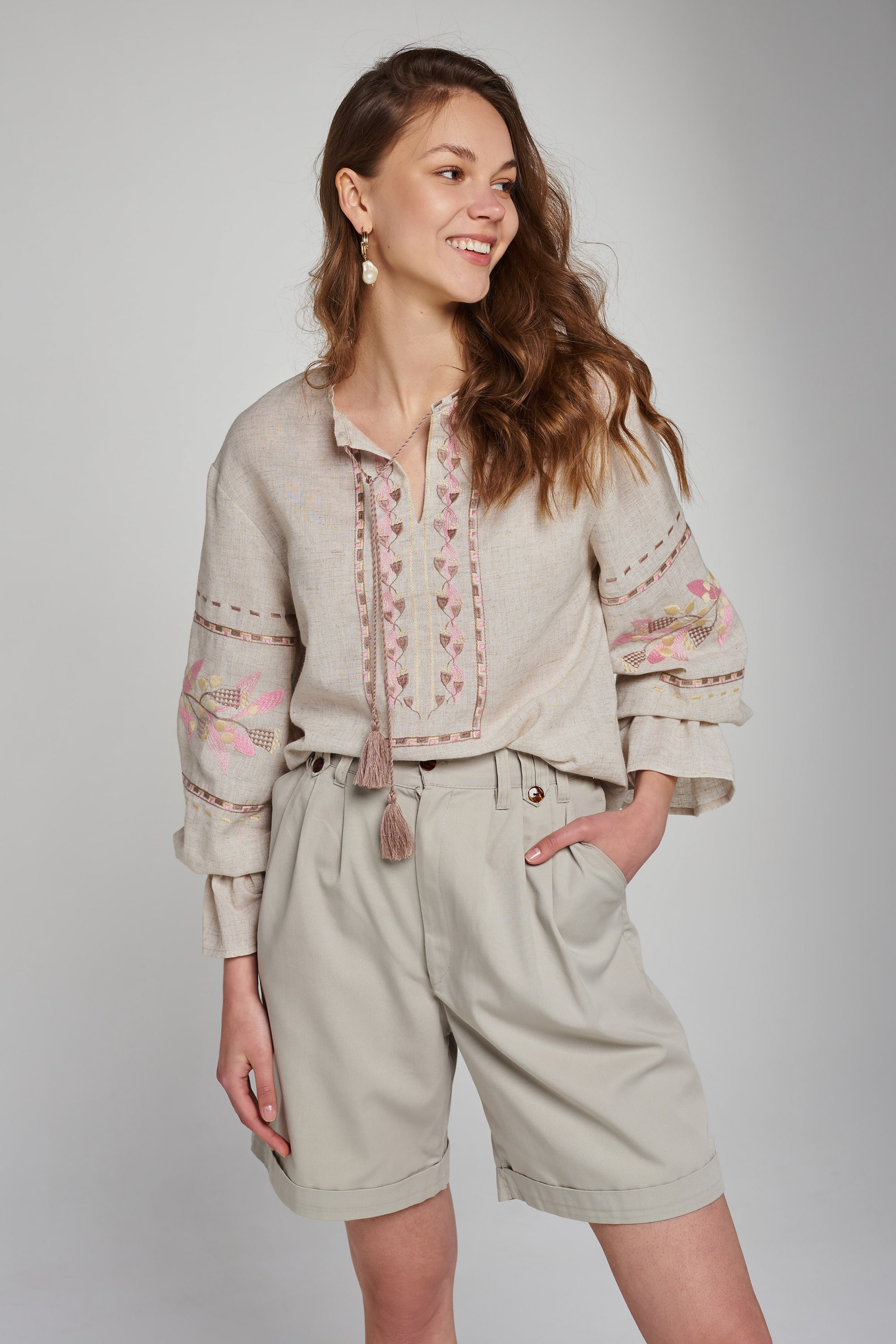 Women's linen embroidered blouse Beige