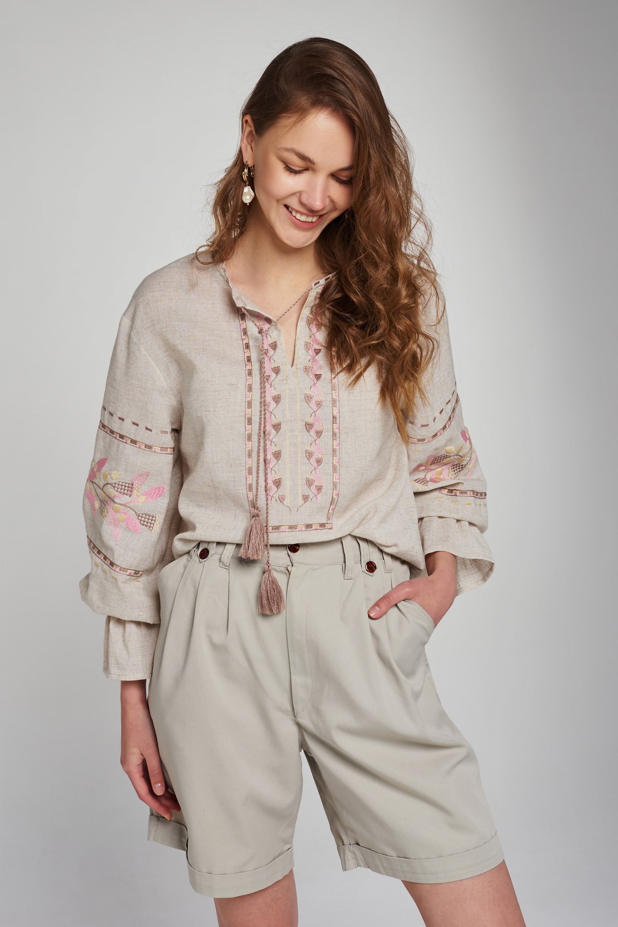 Women's linen embroidered blouse Beige | XS | 40-42