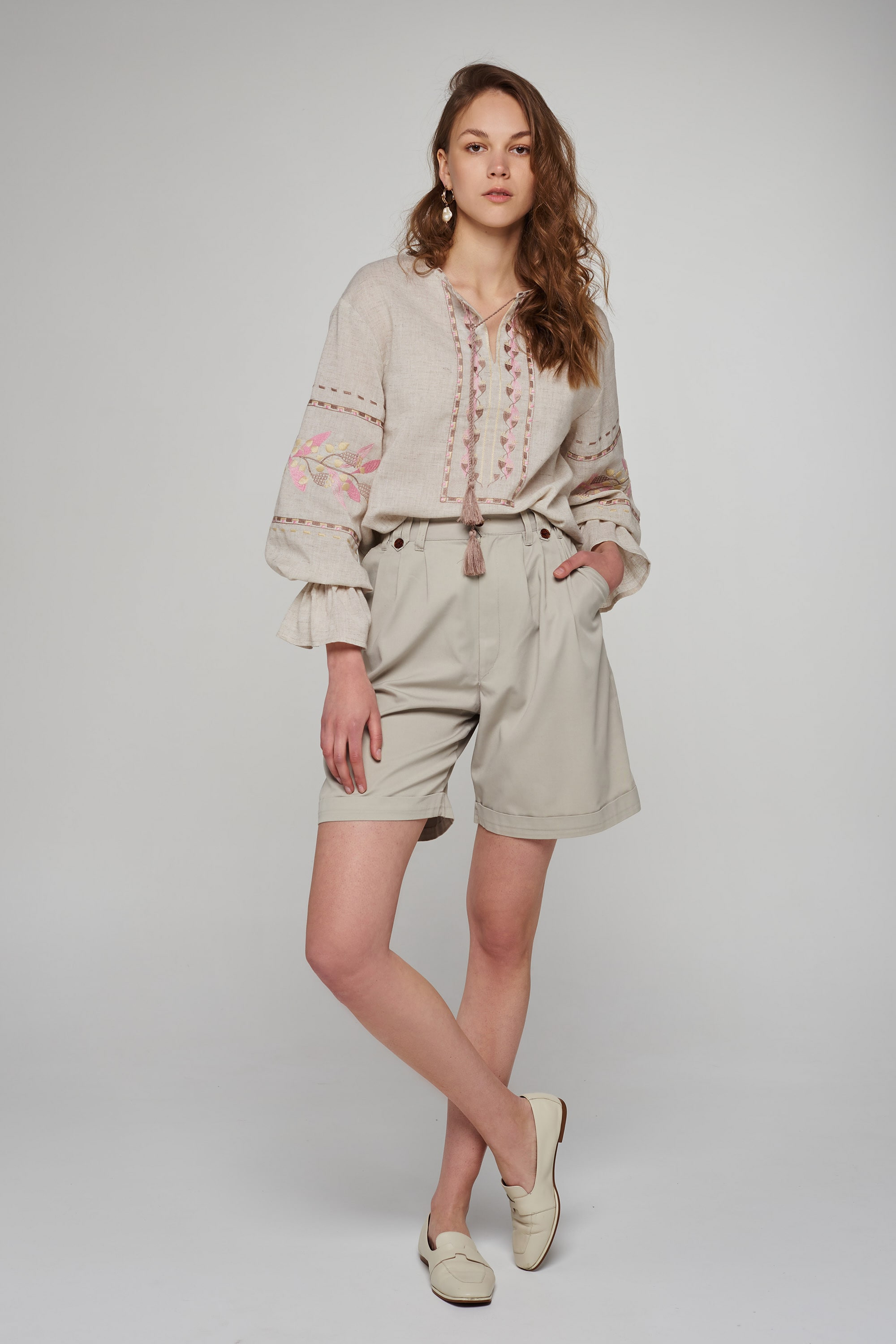 Women's linen embroidered blouse Beige | XS | 40-42
