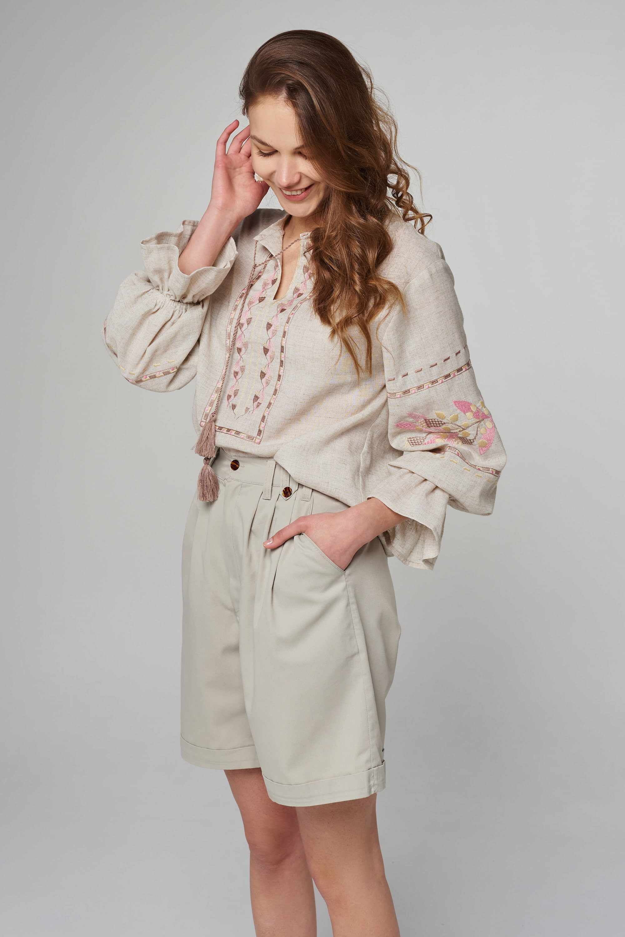 Women's linen embroidered blouse Beige
