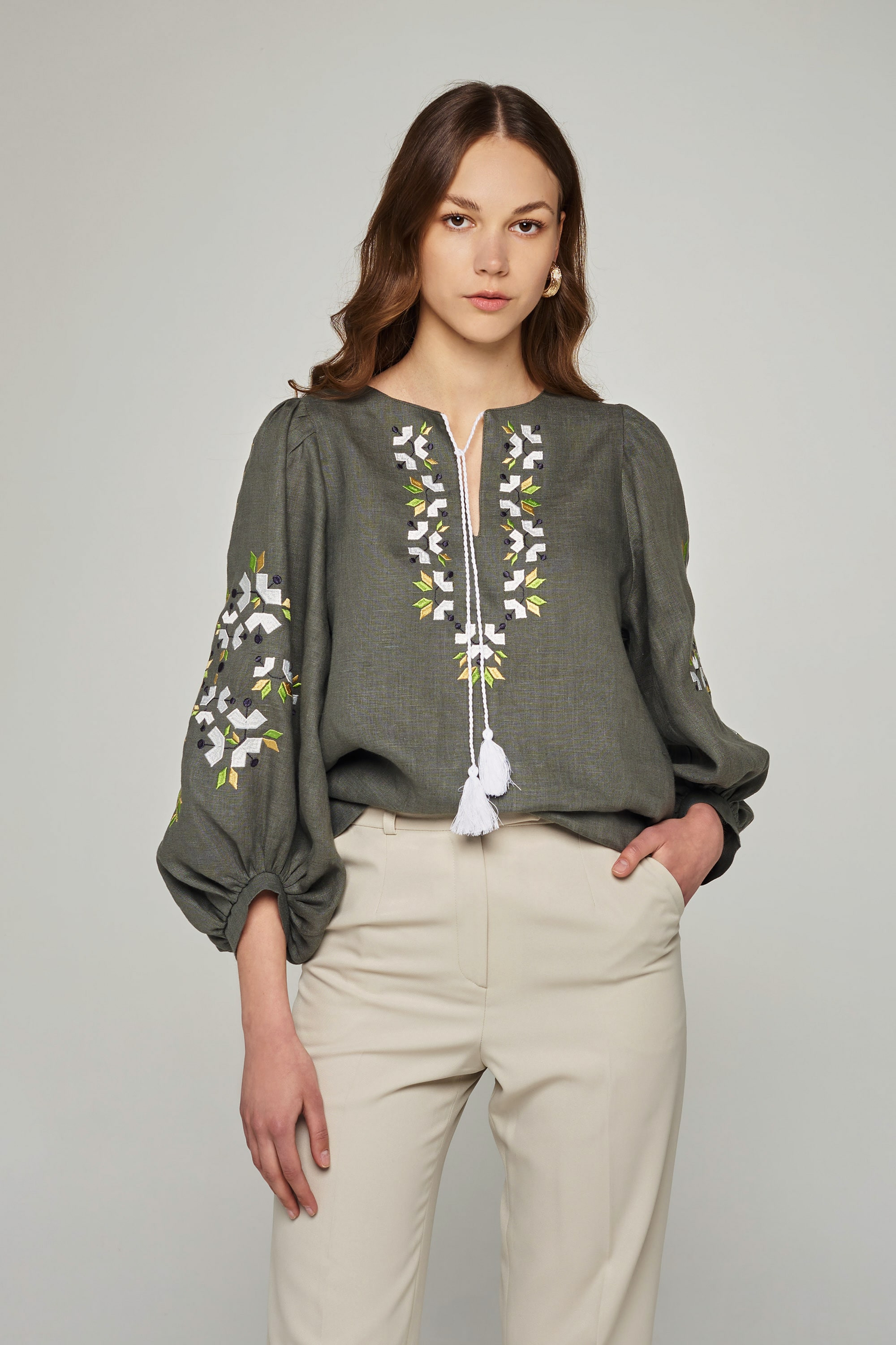 Women's linen embroidered blouse khaki