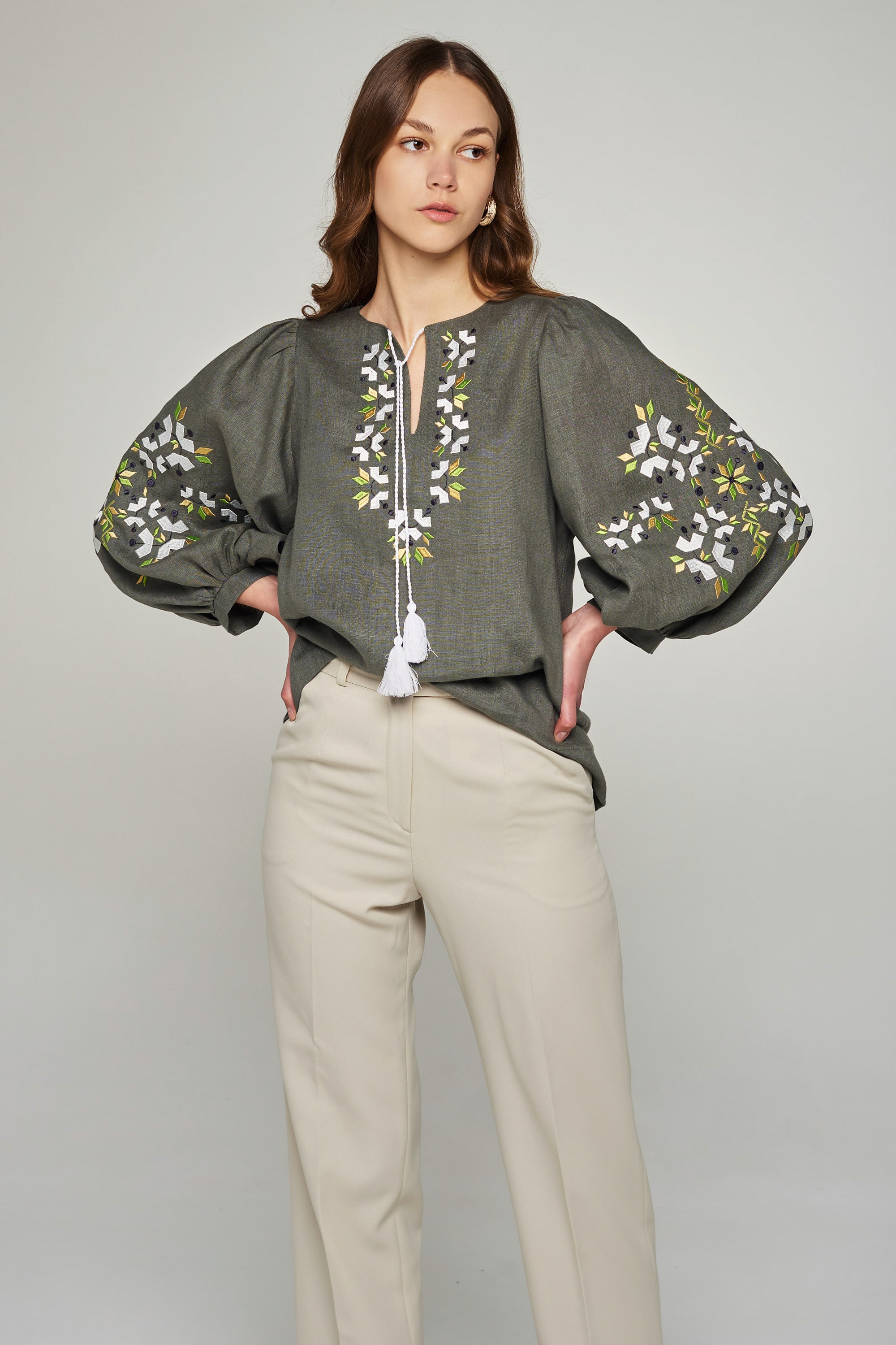 Women's linen embroidered blouse khaki | XS | 40-42