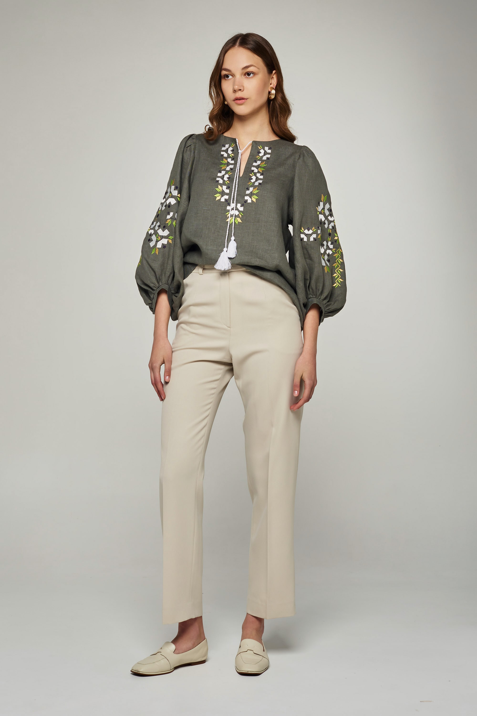 Women's linen embroidered blouse khaki