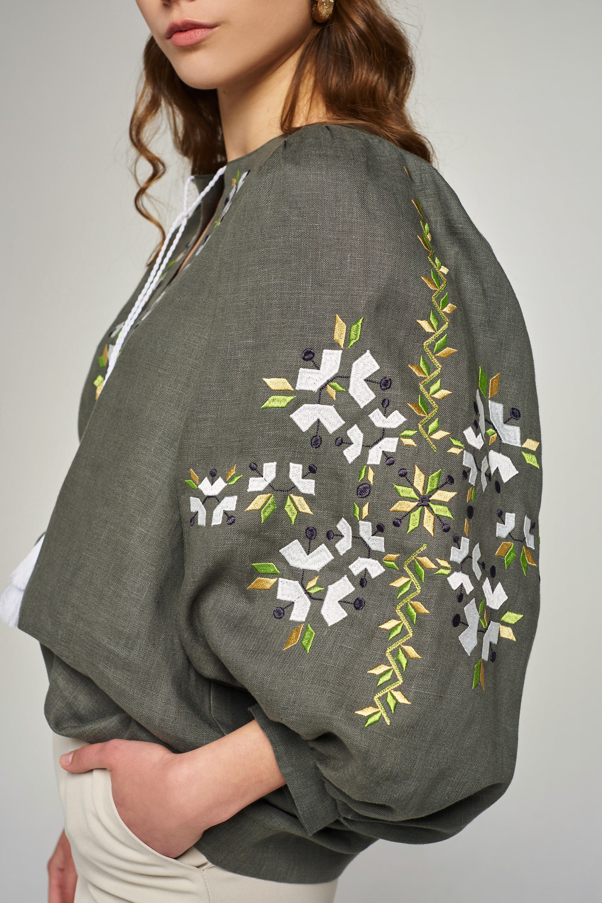 Women's linen embroidered blouse khaki