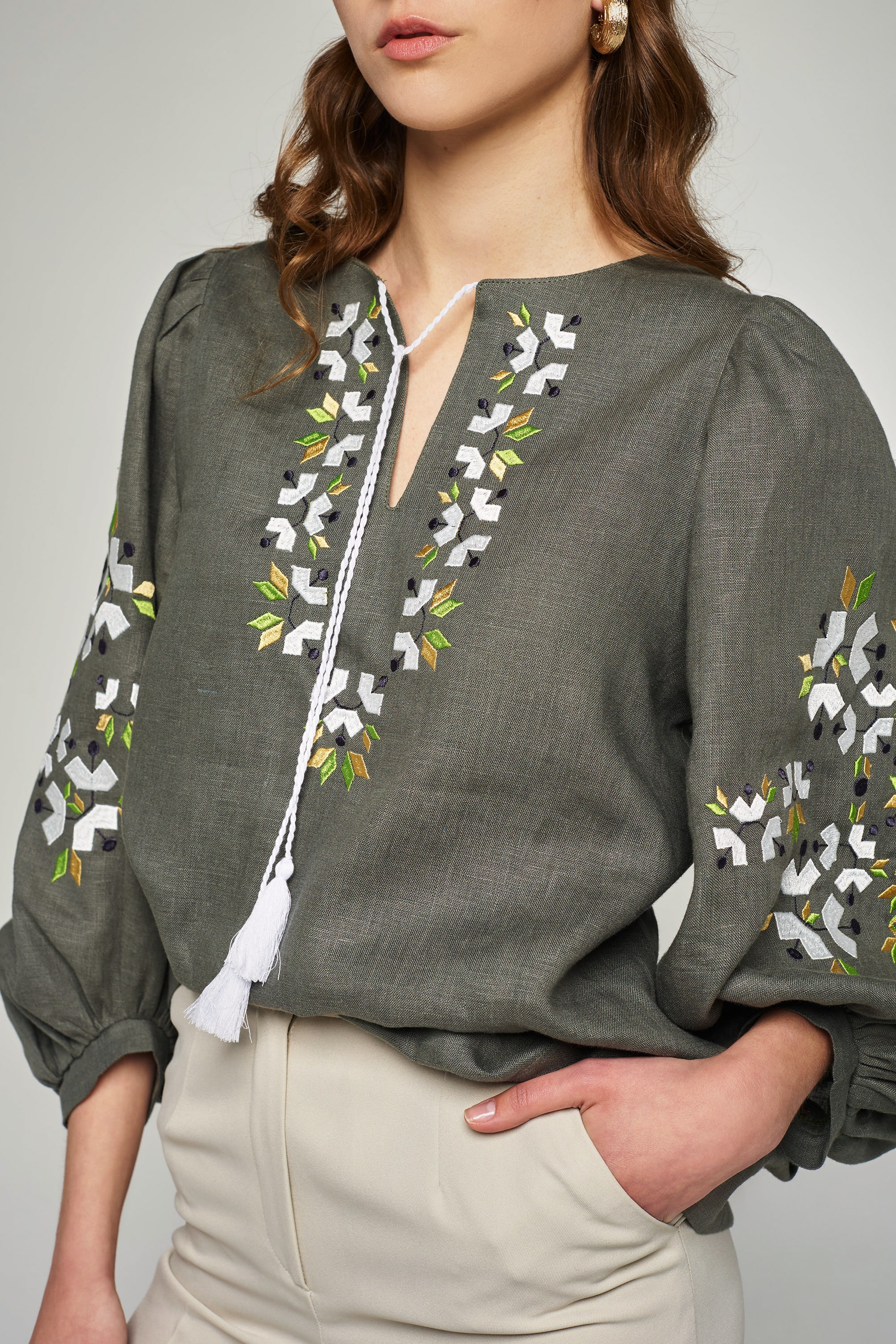 Women's linen embroidered blouse khaki | XS | 40-42