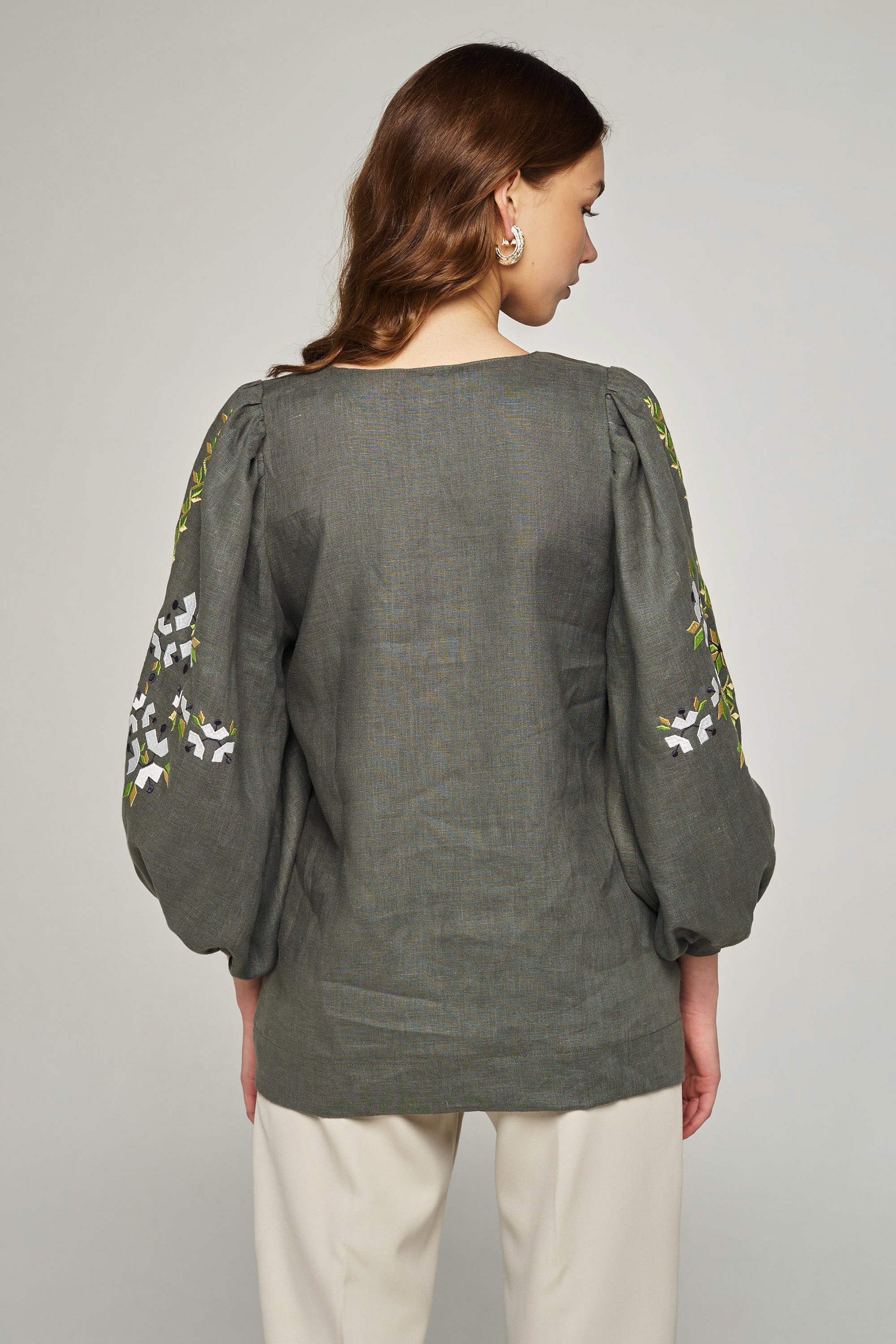 Women's linen embroidered blouse khaki | XS | 40-42