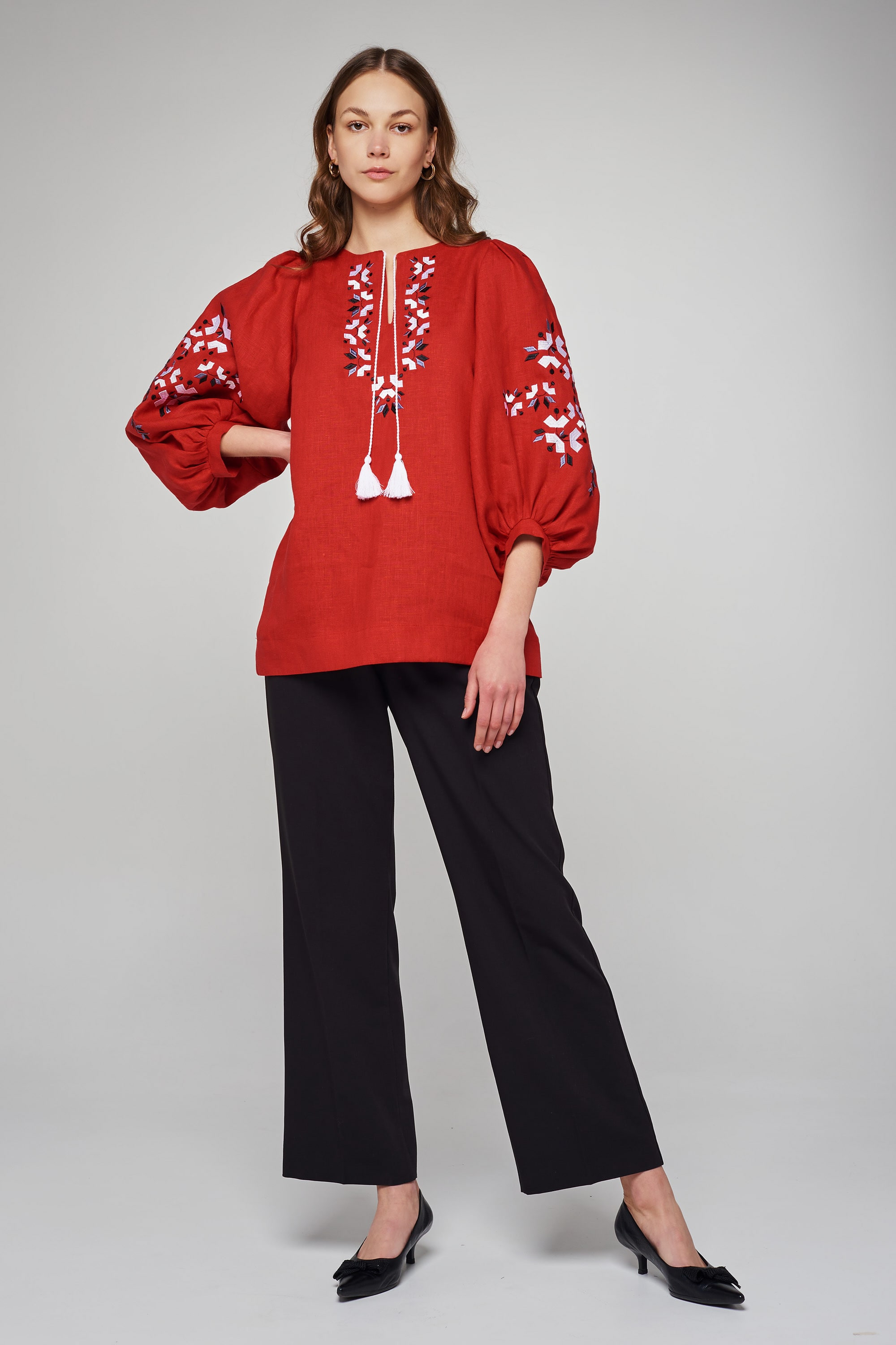 Women's linen embroidered blouse red | XS | 40-42