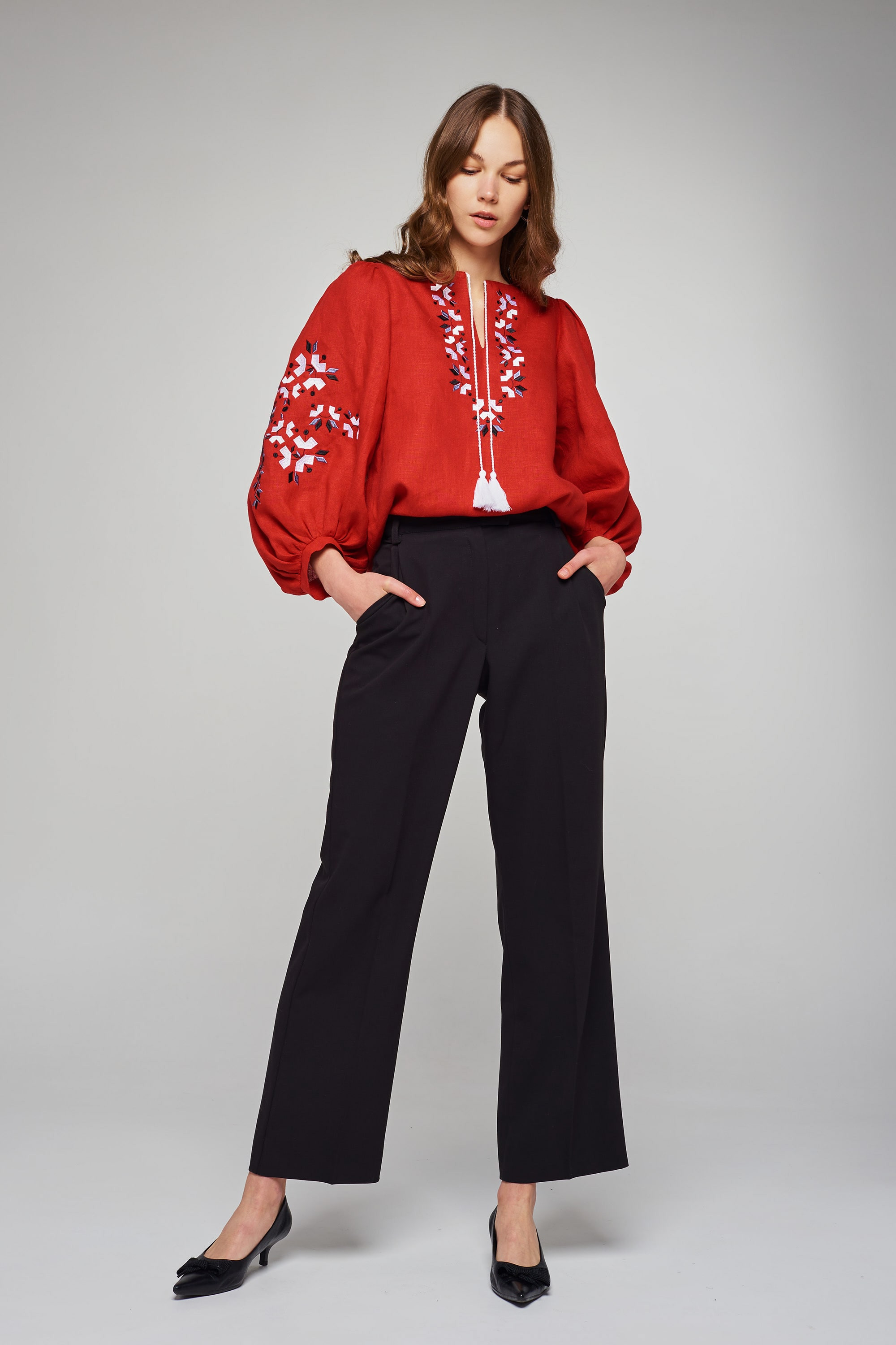 Women's linen embroidered blouse red | XS | 40-42