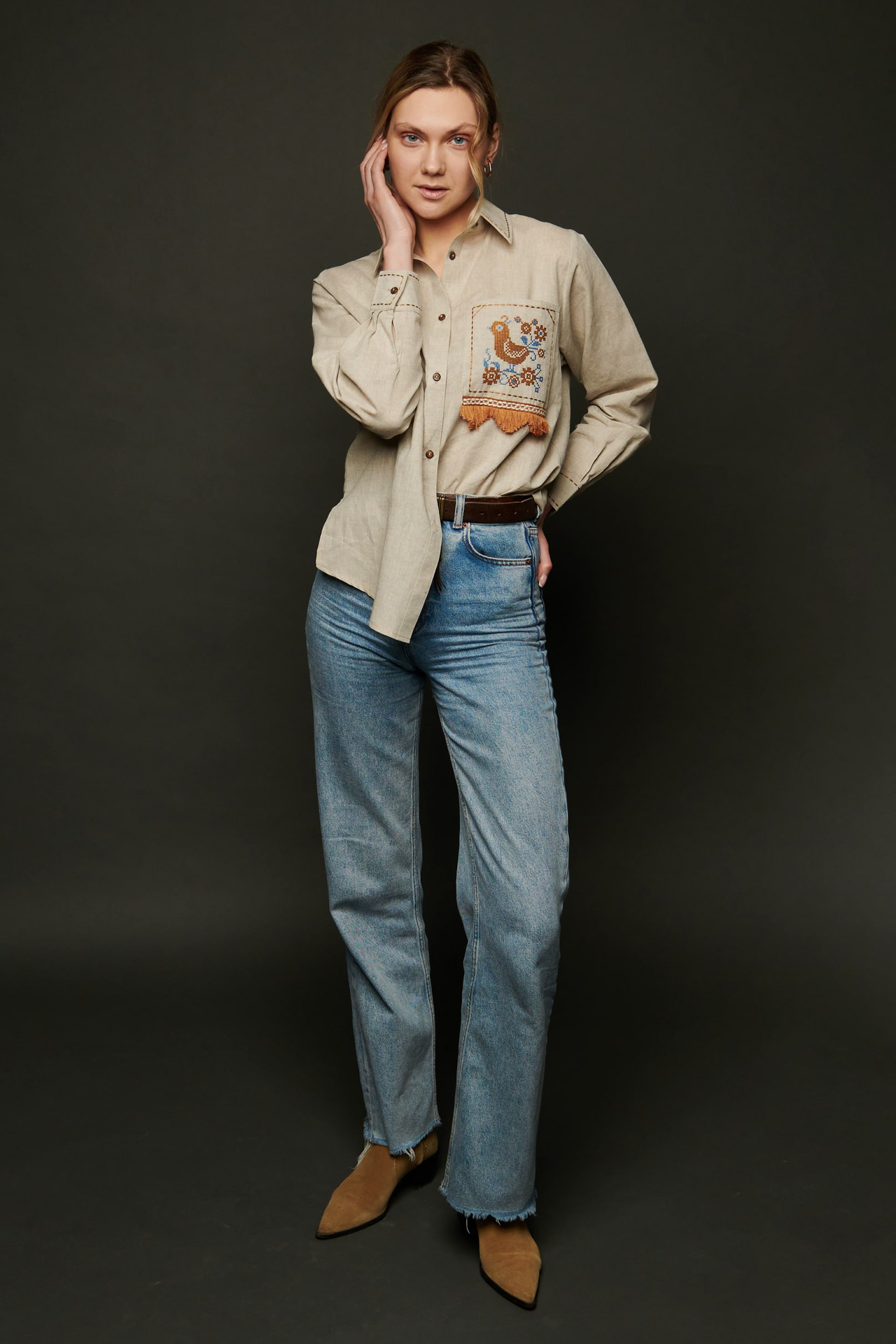 Women's linen embroidered blouse Bird | S | 42-44