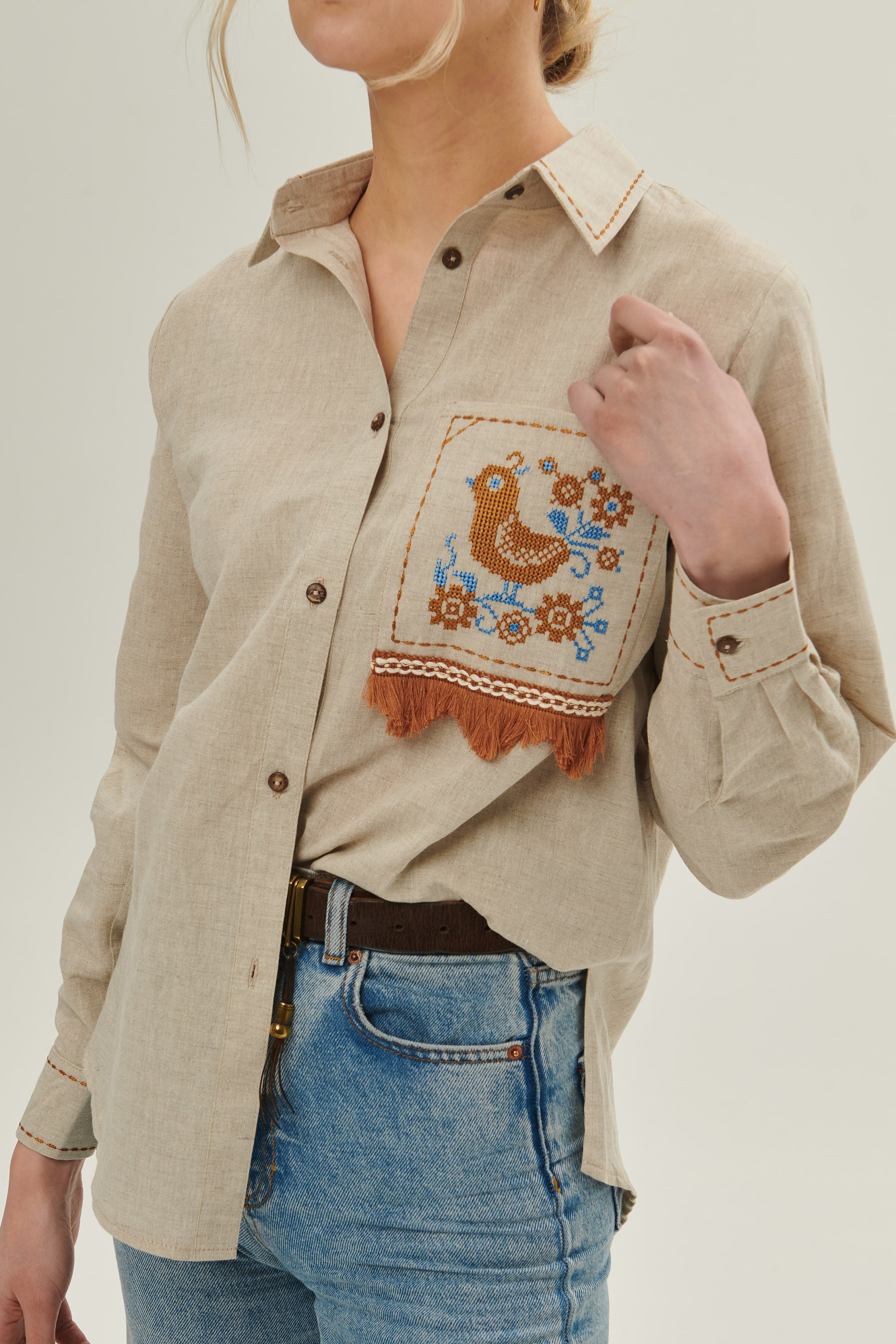 Women's linen embroidered blouse Bird | S | 42-44