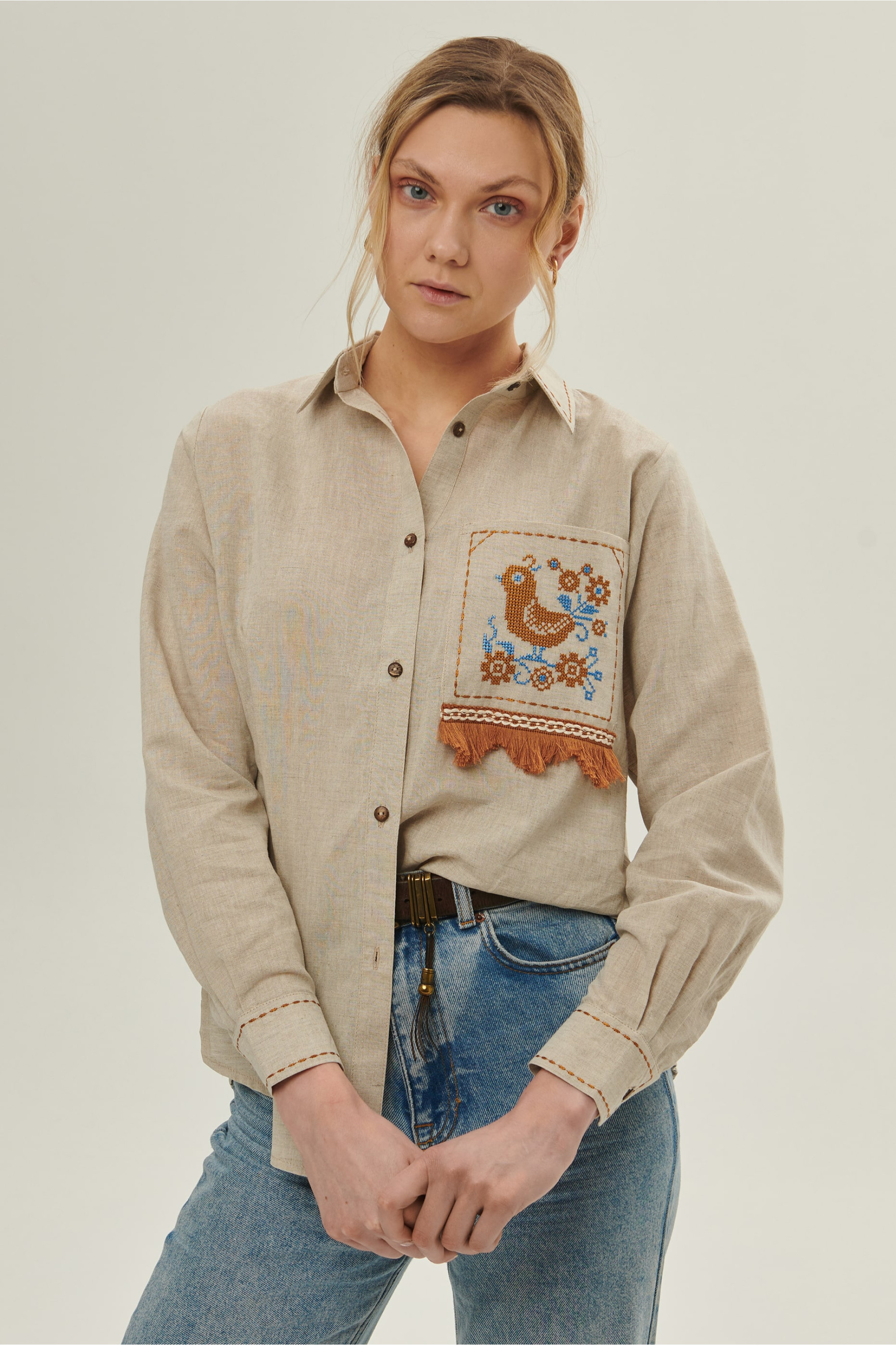 Women's linen embroidered blouse Bird