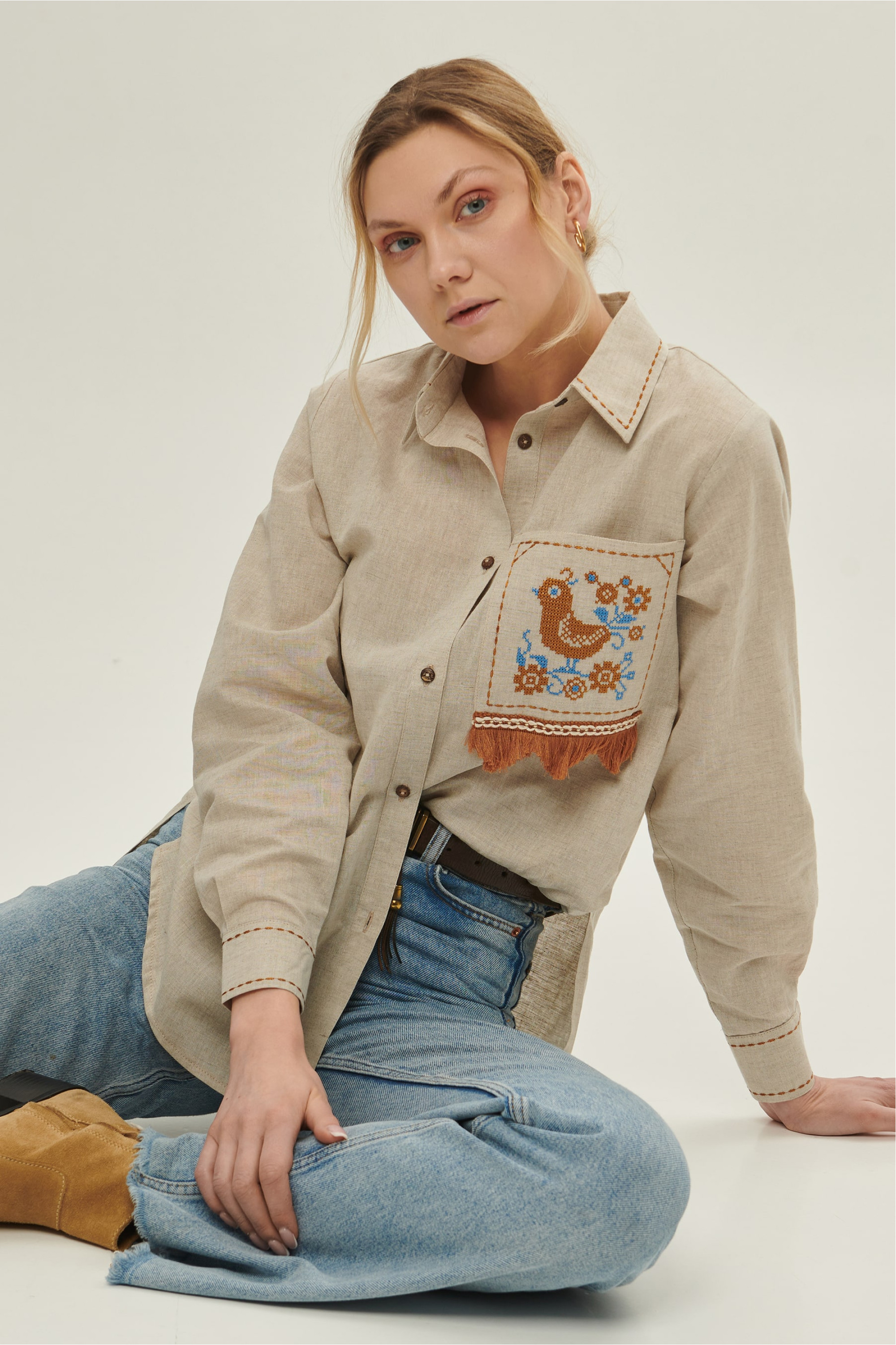 Women's linen embroidered blouse Bird | S | 42-44