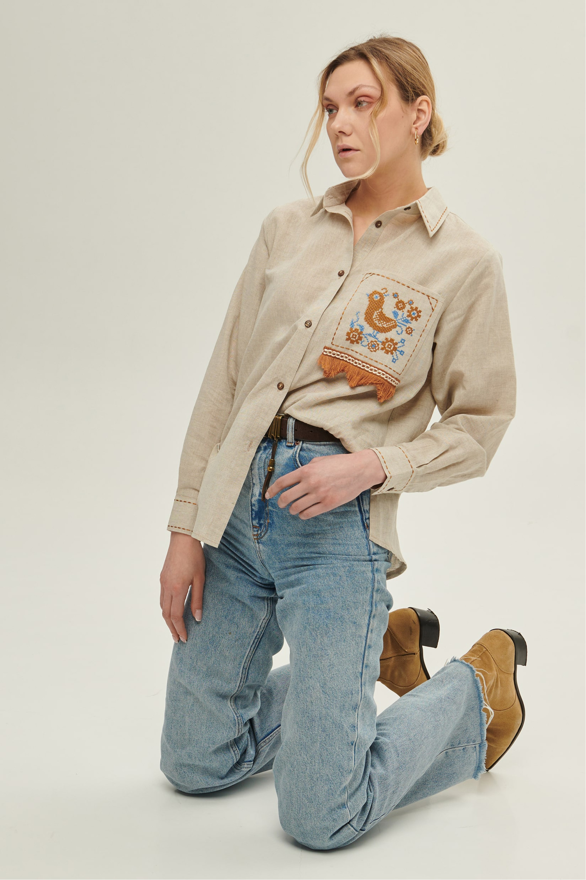 Women's linen embroidered blouse Bird | S | 42-44