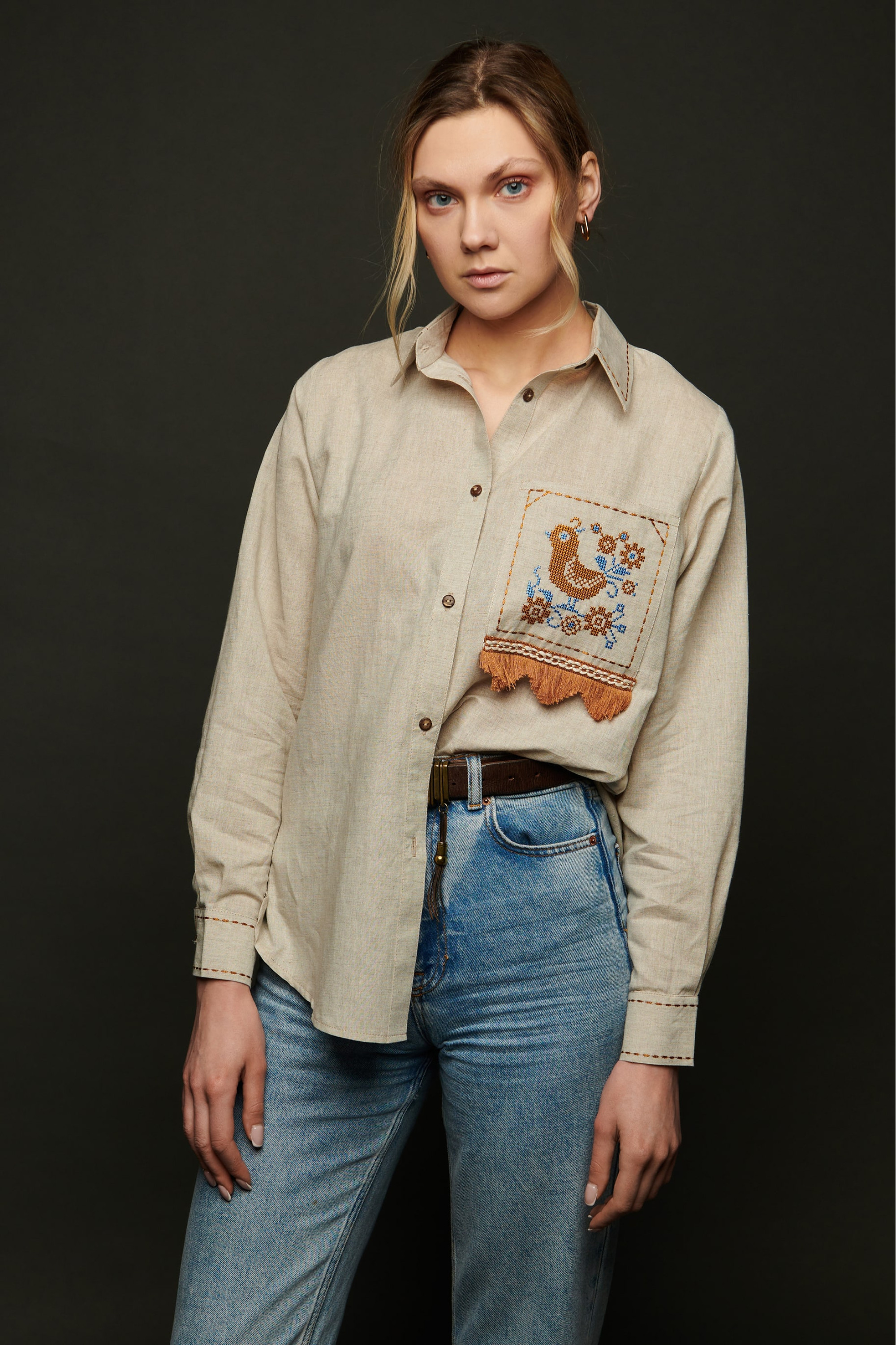 Women's linen embroidered blouse Bird
