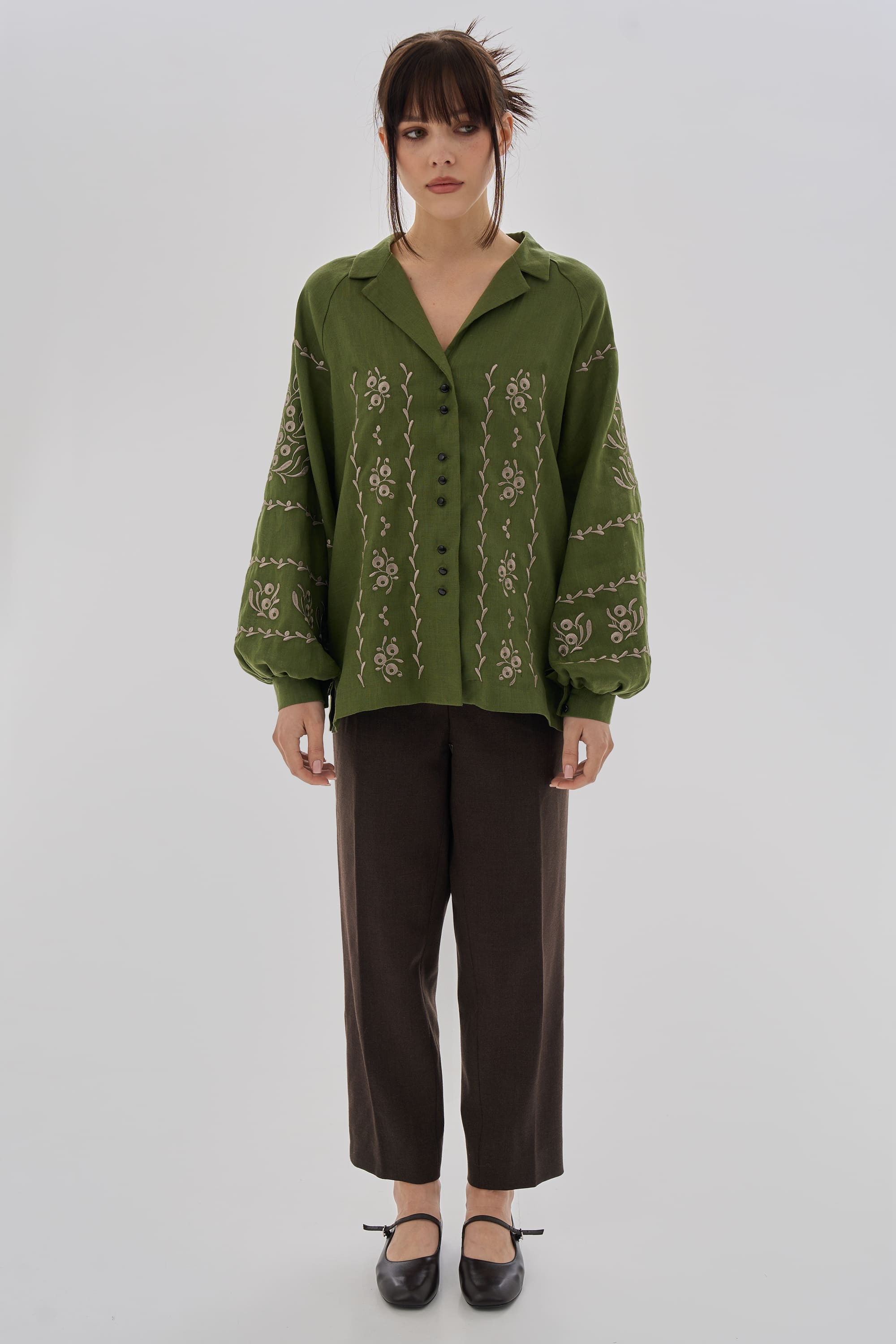 Embroidered green blouse "Viburnum branches" | XS | 40-42