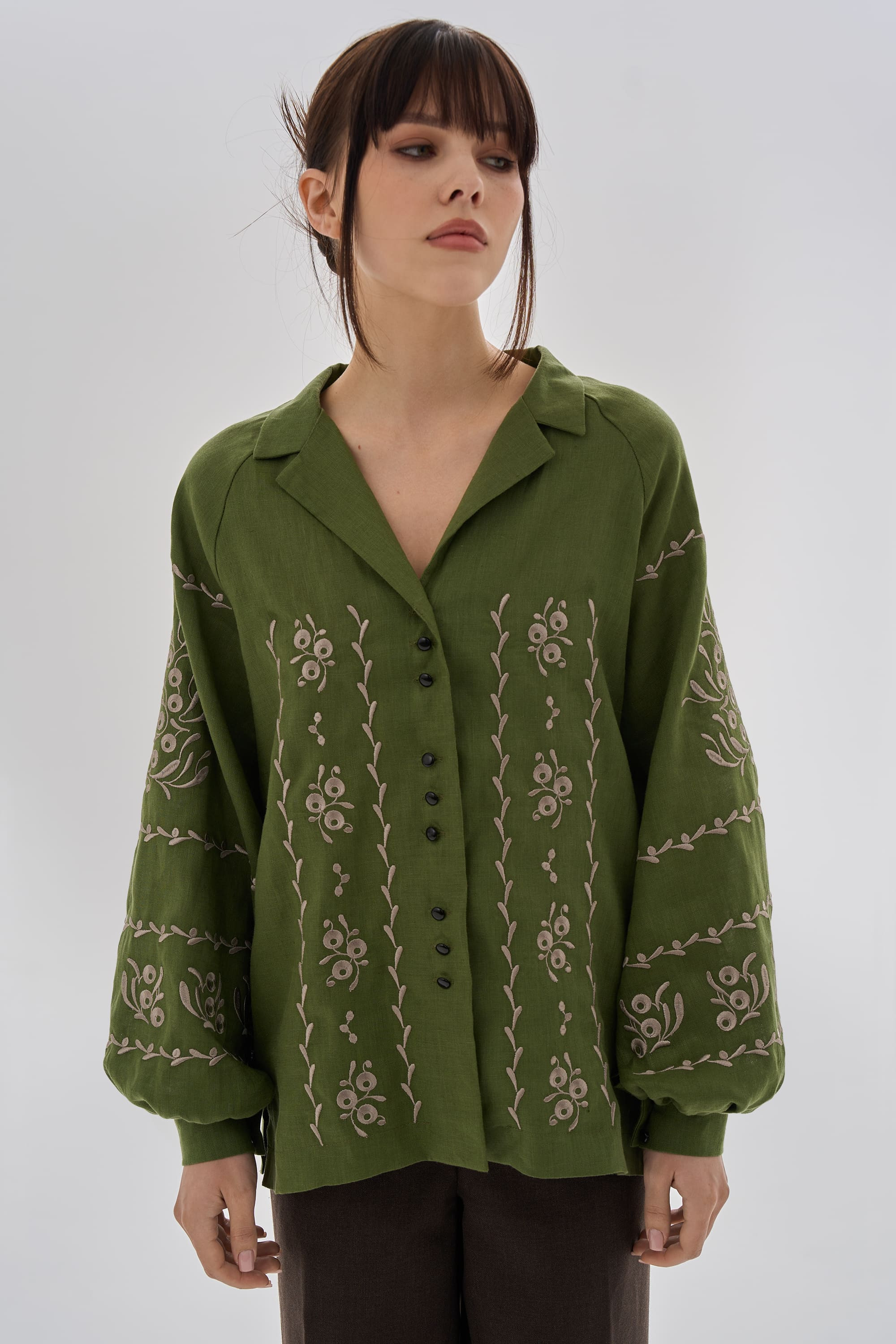 Embroidered green blouse "Viburnum branches" | XS | 40-42