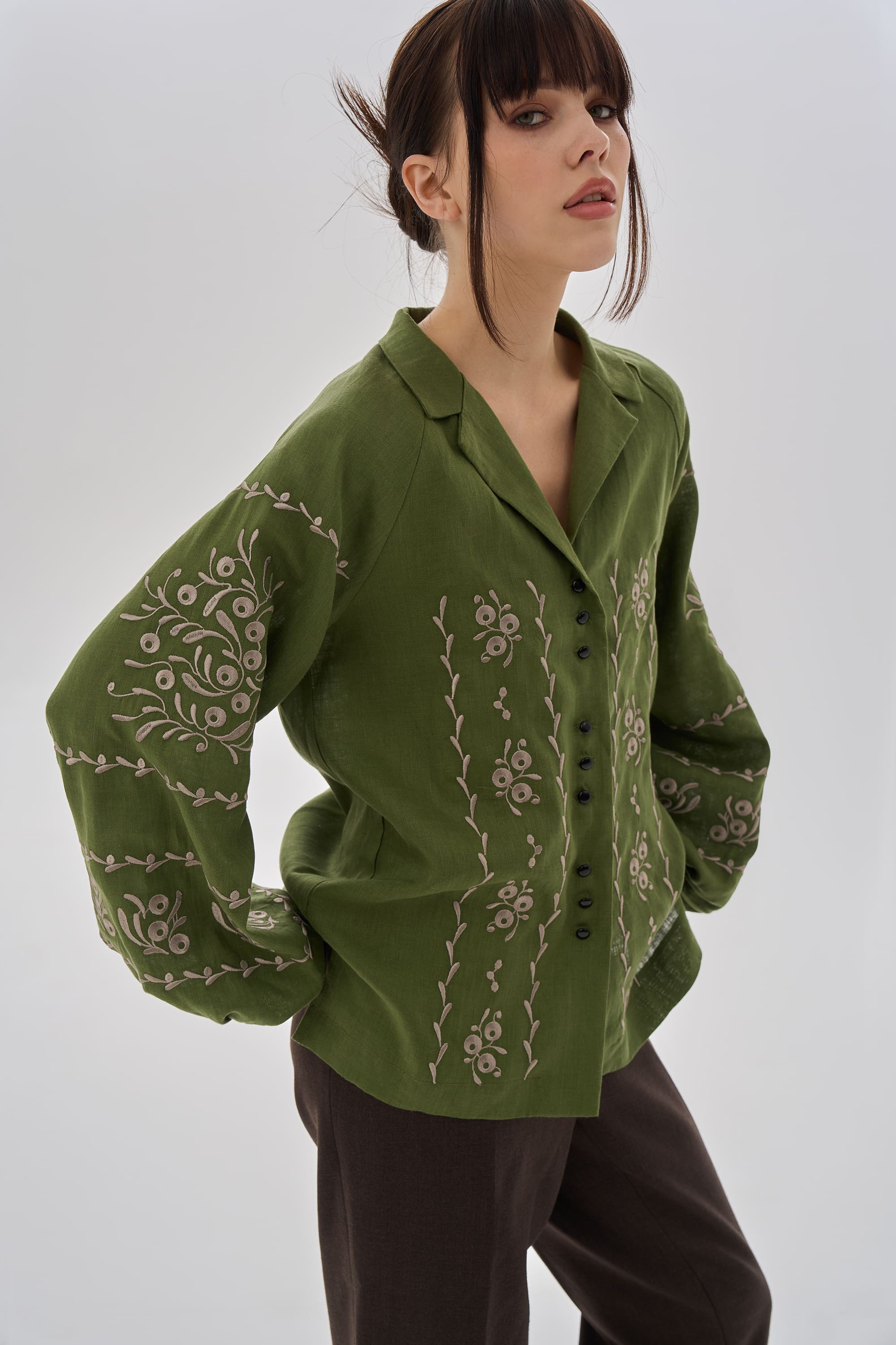 Embroidered green blouse "Viburnum branches"