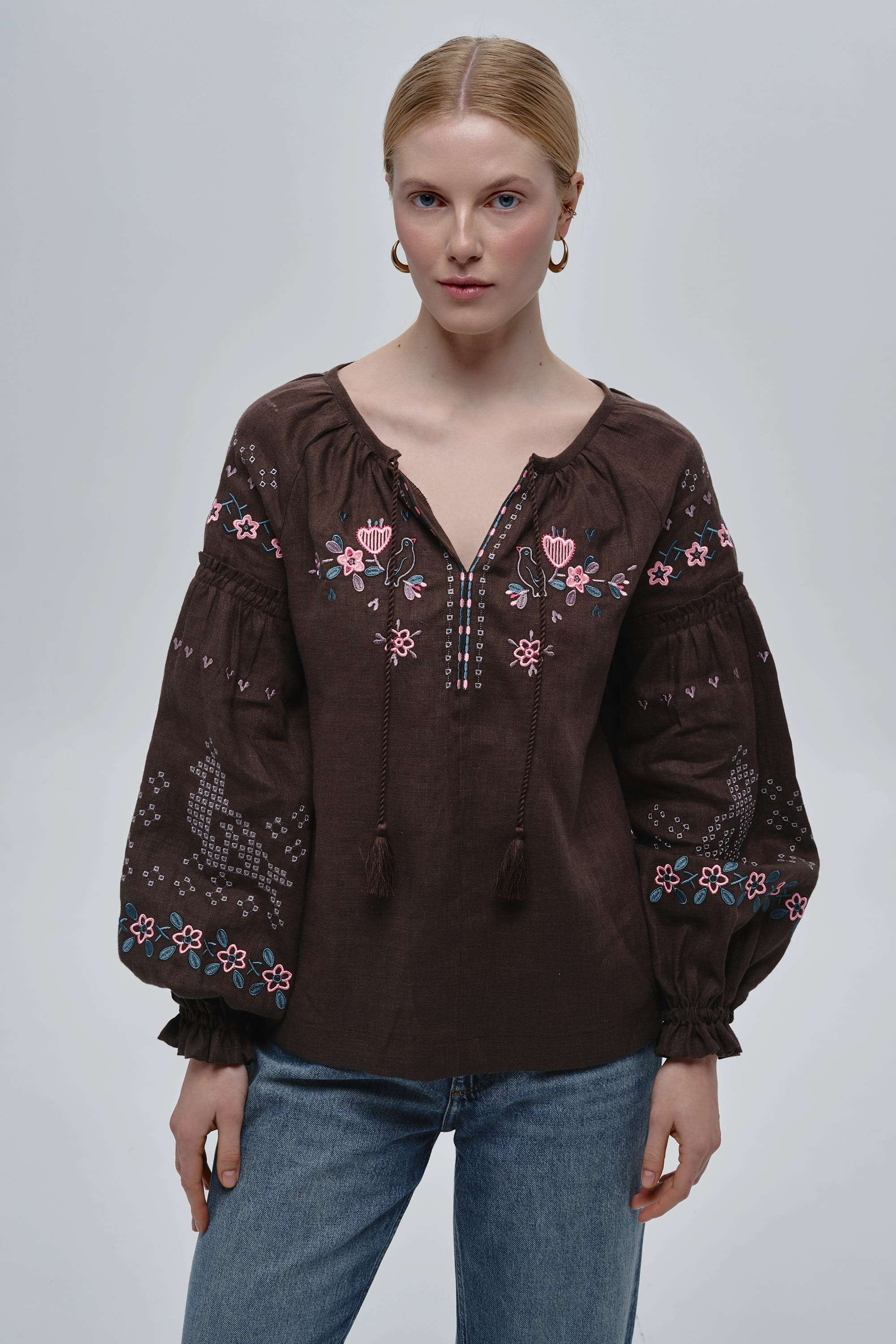 Embroidered brown linen women’s blouse Holubka Embroidered brown linen women’s blouse Holubka