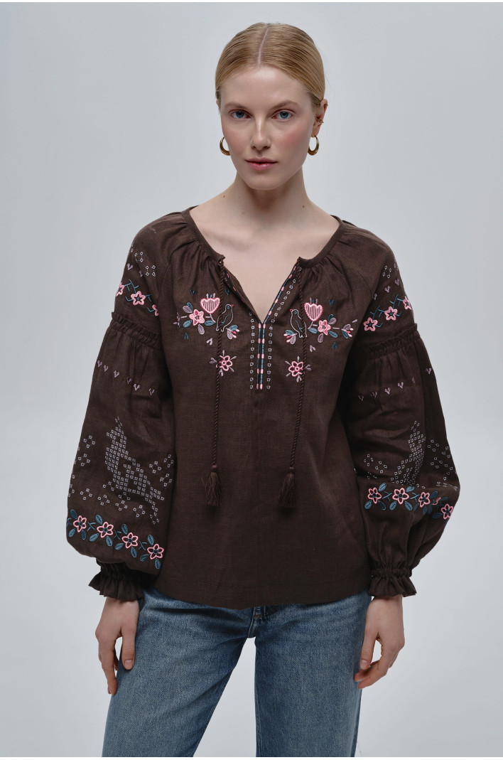 Embroidered brown linen women’s blouse Holubka | XS | 40-42