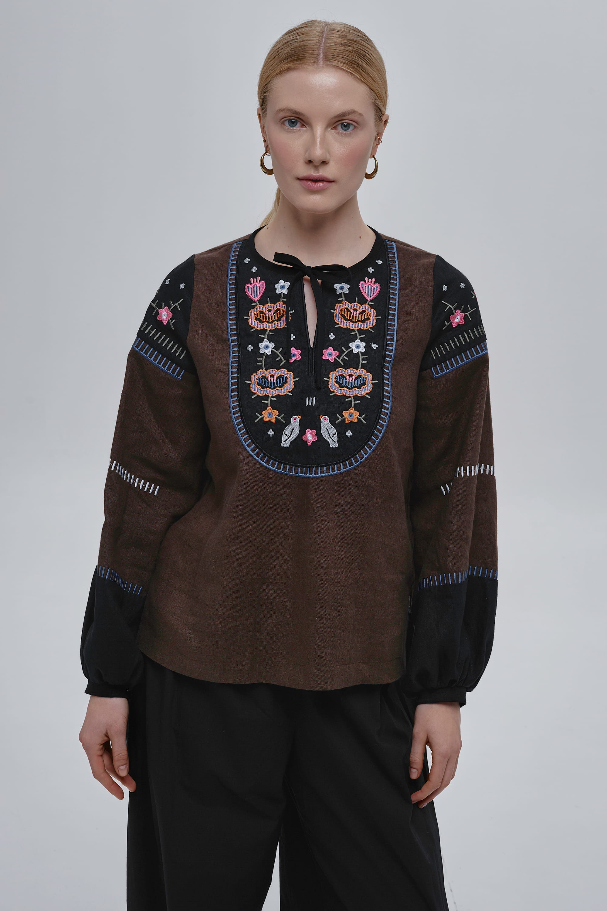 Embroidered brown linen women’s blouse Malvy Embroidered brown linen women’s blouse Malvy
