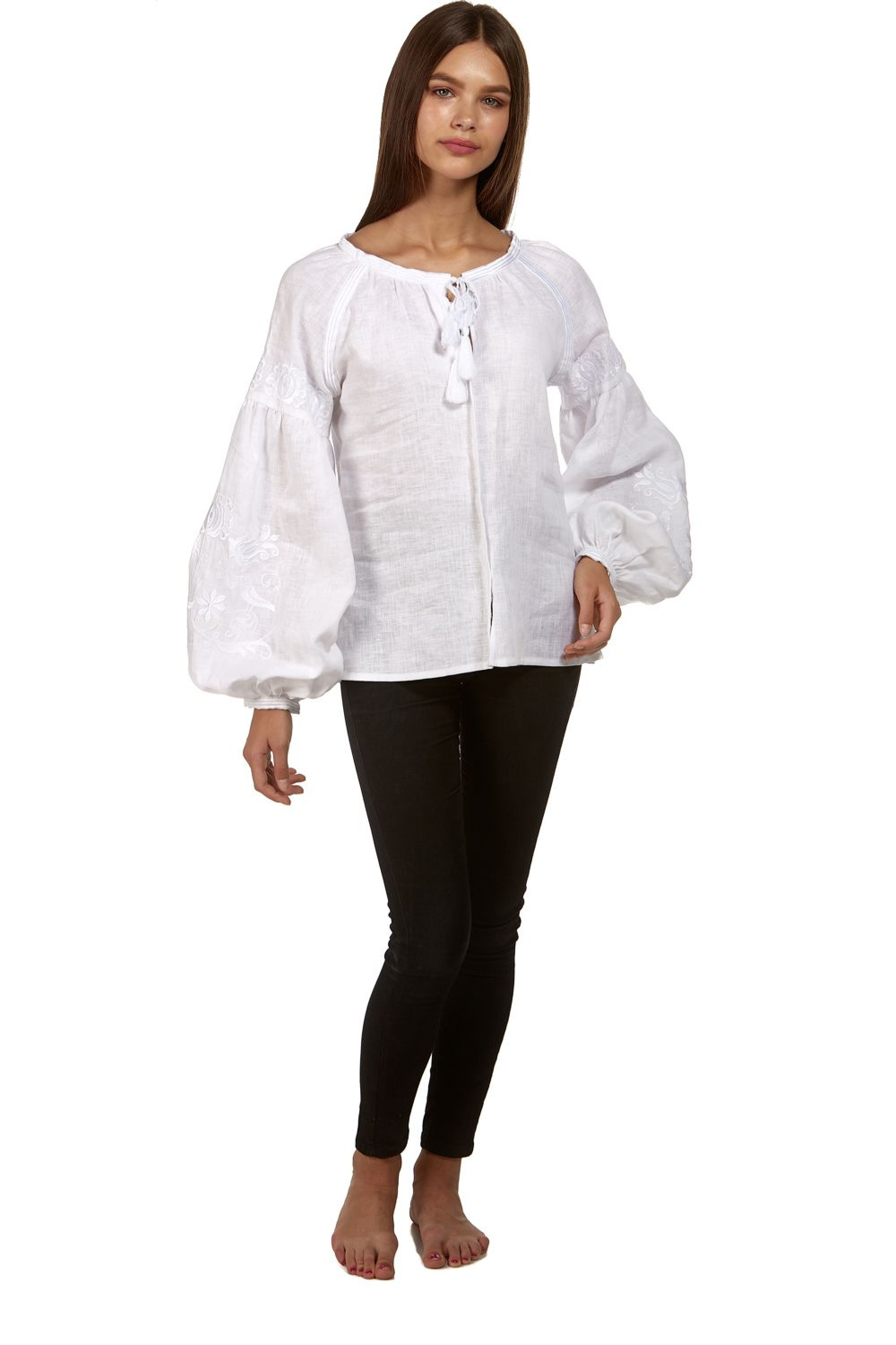 Women's white blouse, with white embroidery White | S | 42-44