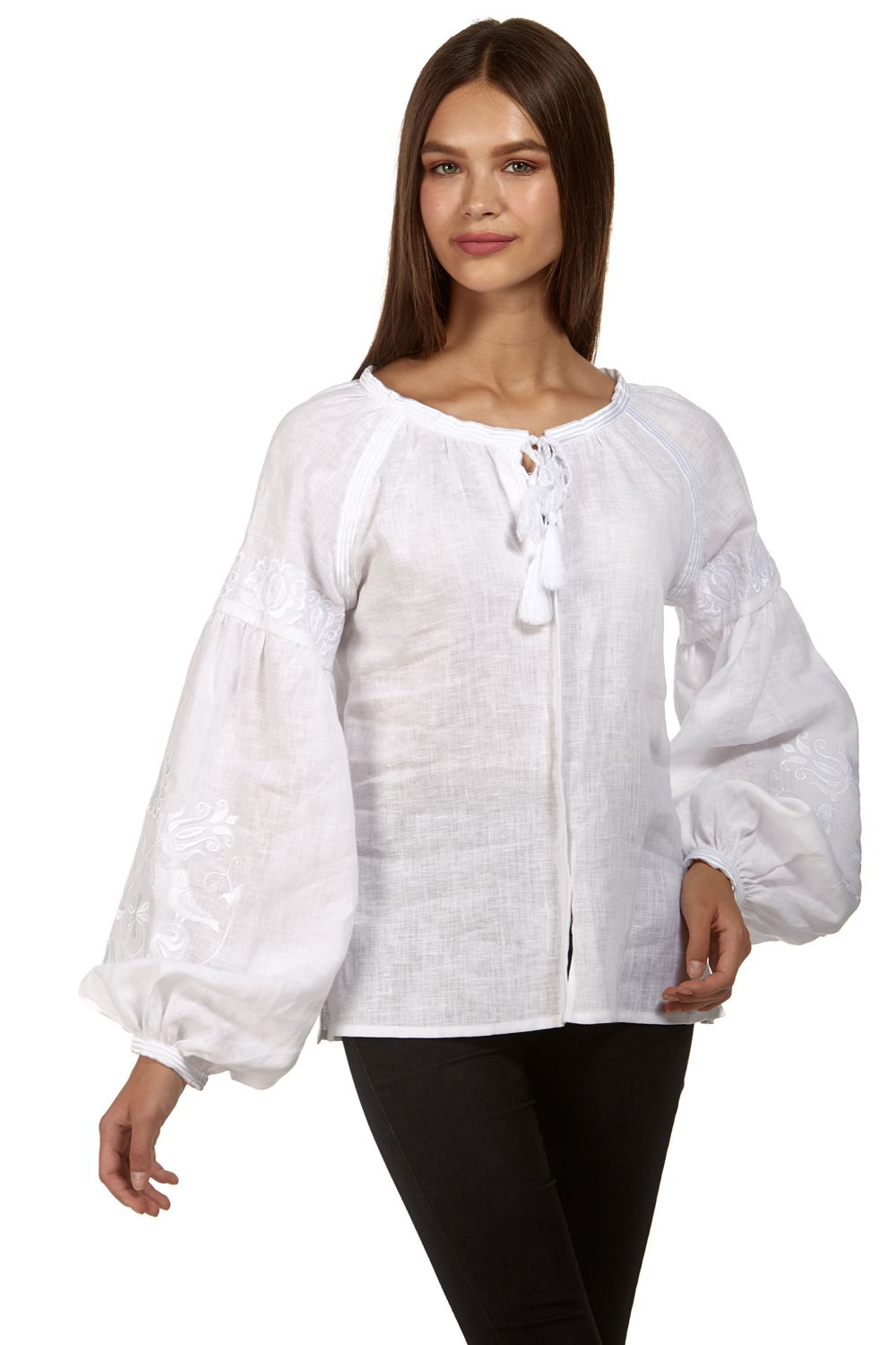 Women's white blouse, with white embroidery White | S | 42-44