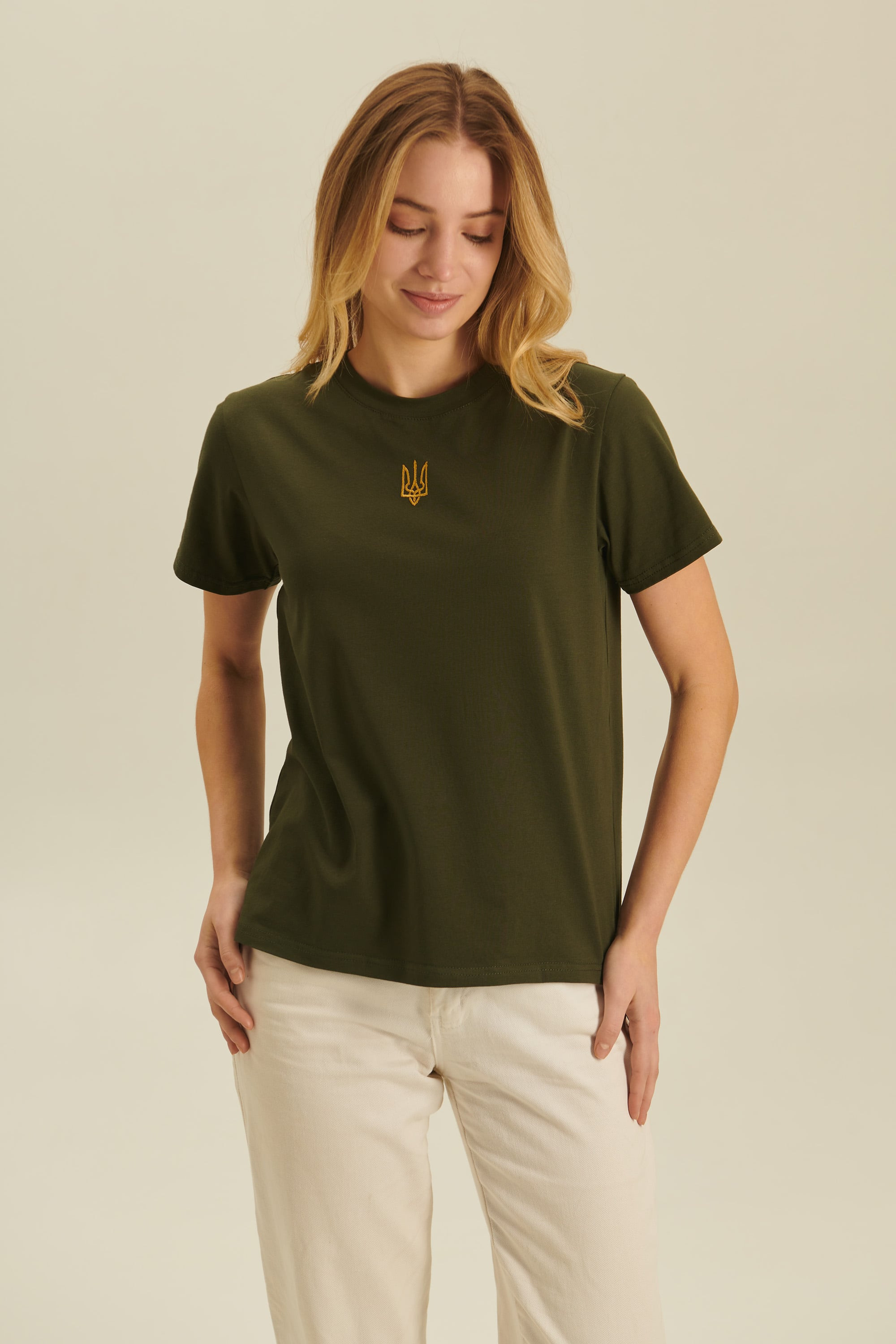 Women's embroidered T-shirt with the coat of arms of Ukraine