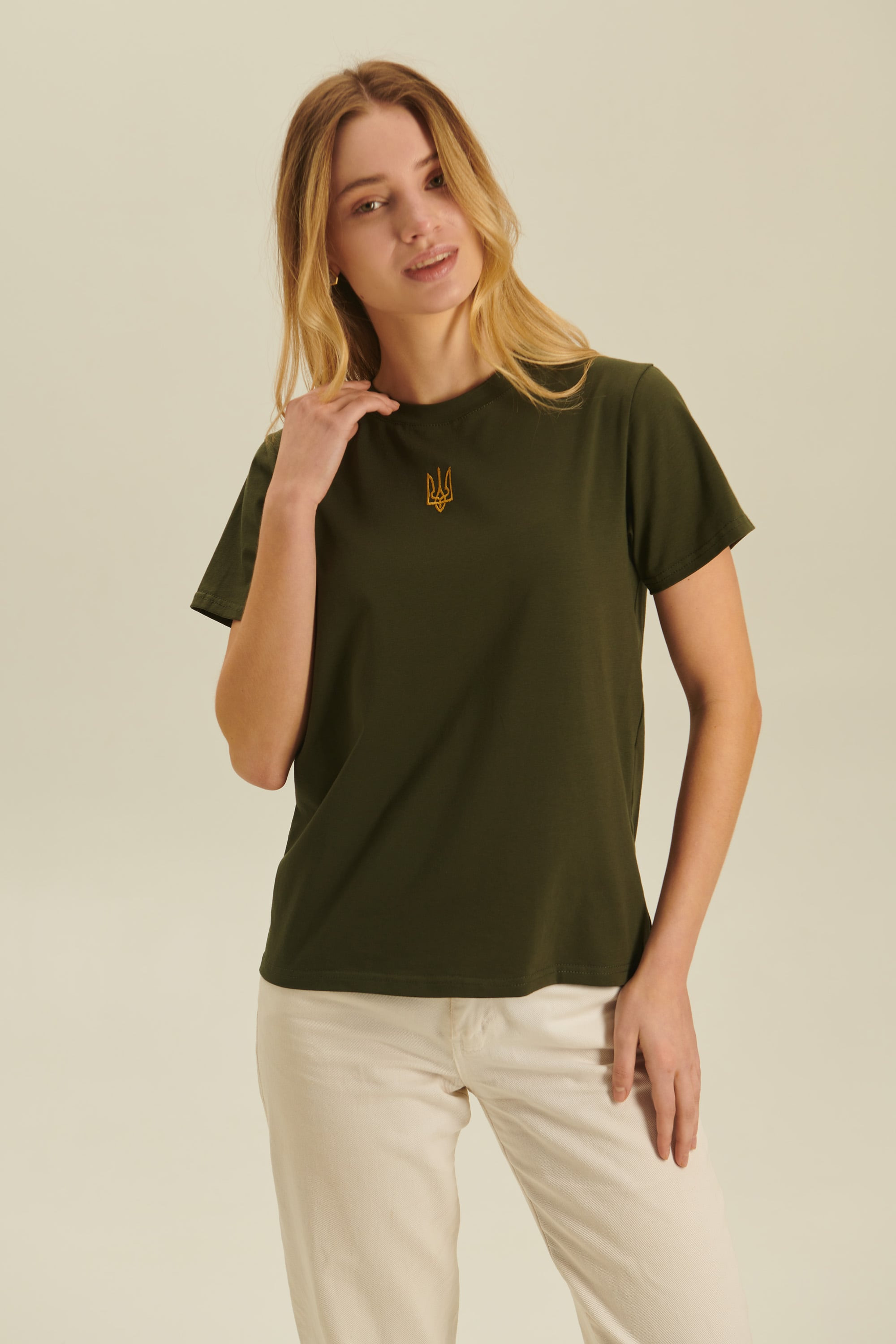 Women's embroidered T-shirt with the coat of arms of Ukraine