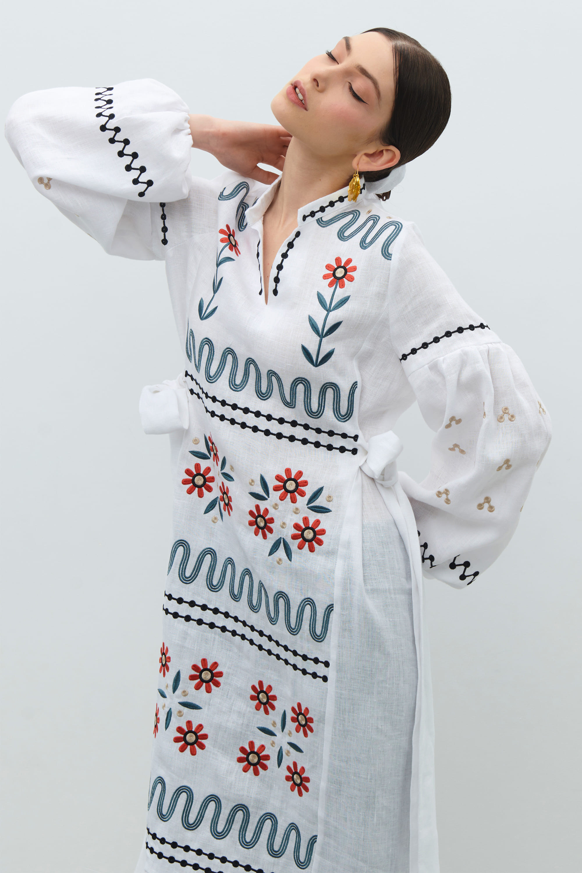 Long embroidered white linen dress Rozkvyt | S | 42-44